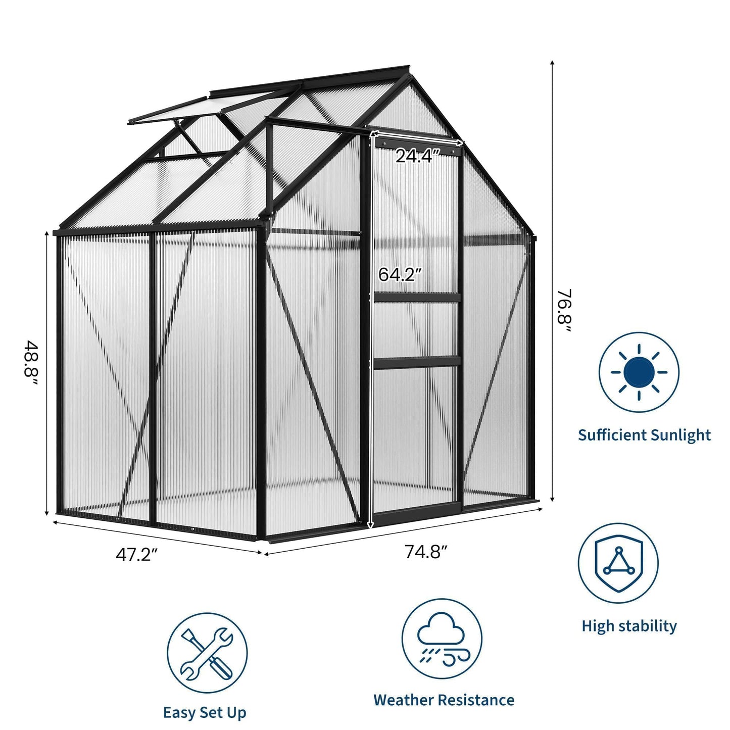 COZONY Heavy Duty Aluminum Frame Walk-in Greenhouse, 6x4 FT Polycarbonate Panels - Sliding Door, Adjustable Roof Vent, Rain Gutter - Durable Weather Resistant Structure for Backyard, Garden, Patio -