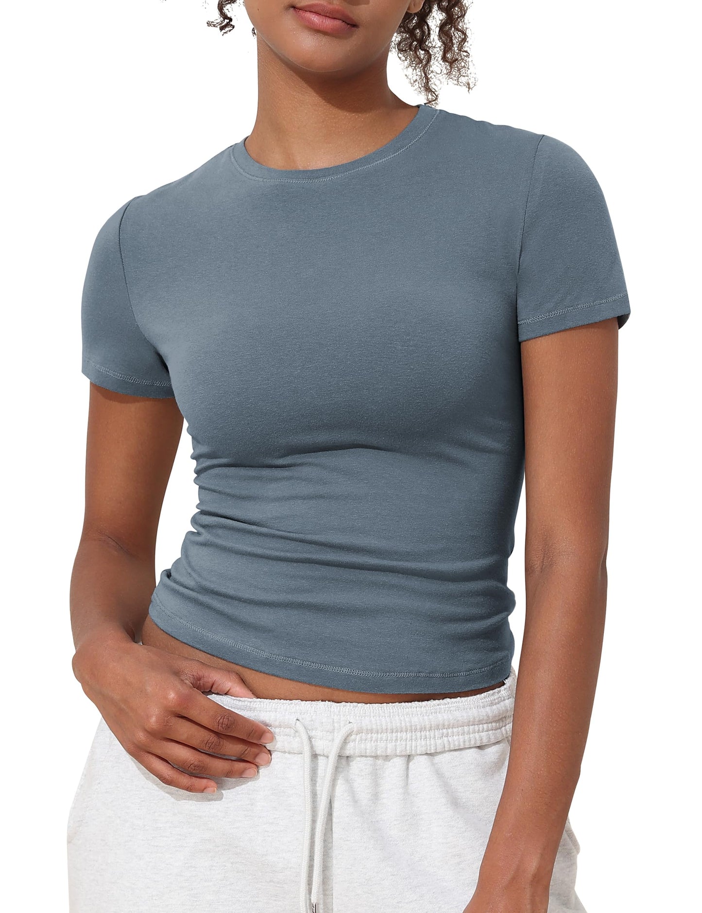 PrettyGuide Womens Short Sleeve Fitted T Shirt Crew Neck Going Out Cute Baby Tees Summer Basic Tee Kyanite L