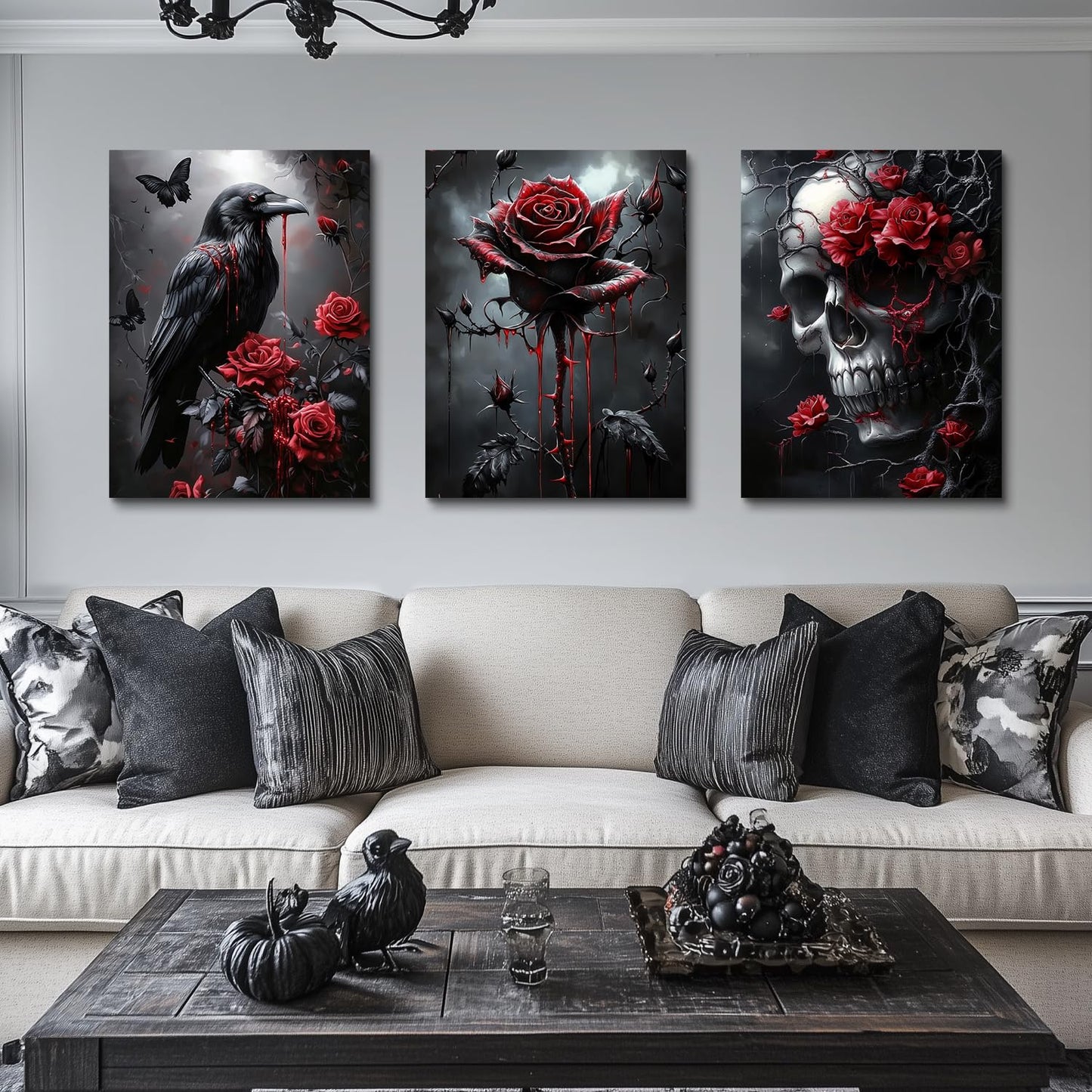 Hianan Horror Gothic Canvas Wall Art, Romance Raven Rose Halloween Wall Decor, Bloodthirst Goth Crow Rose Poster Prints, Dark Goth Skull Aesthetic Pictures for Bathroom Living Room Framed 12"x16"x3