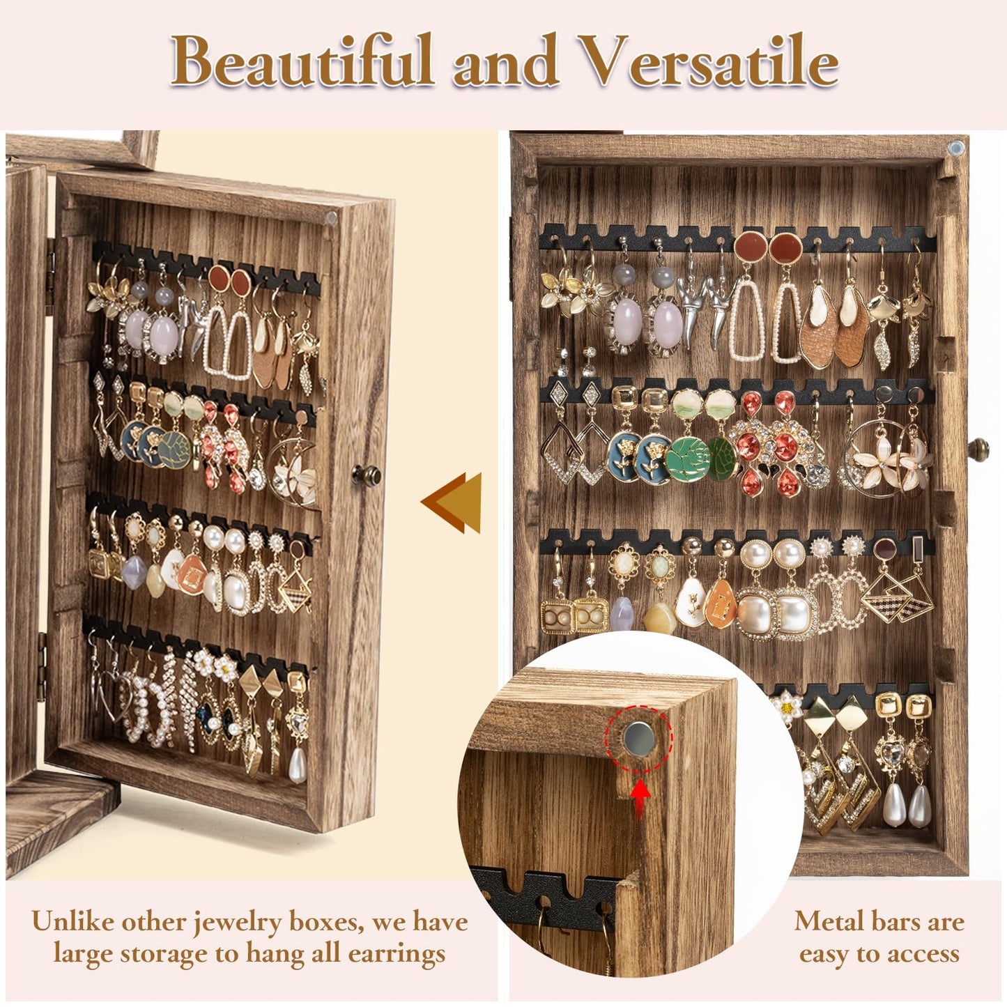 Emfogo Wooden Jewelry Box for Women, 6-Tier Large Jewelry Organizer Boxes with Mirror Rustic Solid Wood jewlery Storage Display for Rings Earrings Necklaces Bracelets watches(Carbonized Brown)