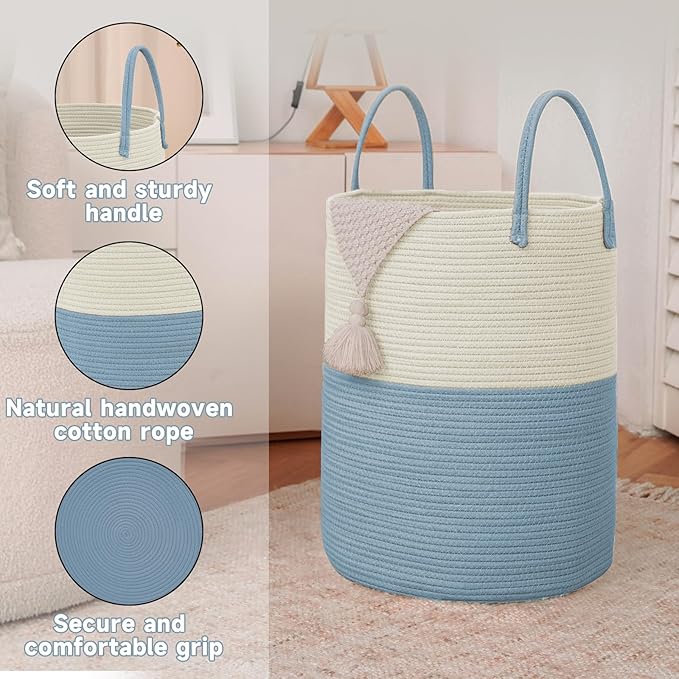 Large Woven Laundry Basket Hamper, 60L Cotton Rope Storage Bin