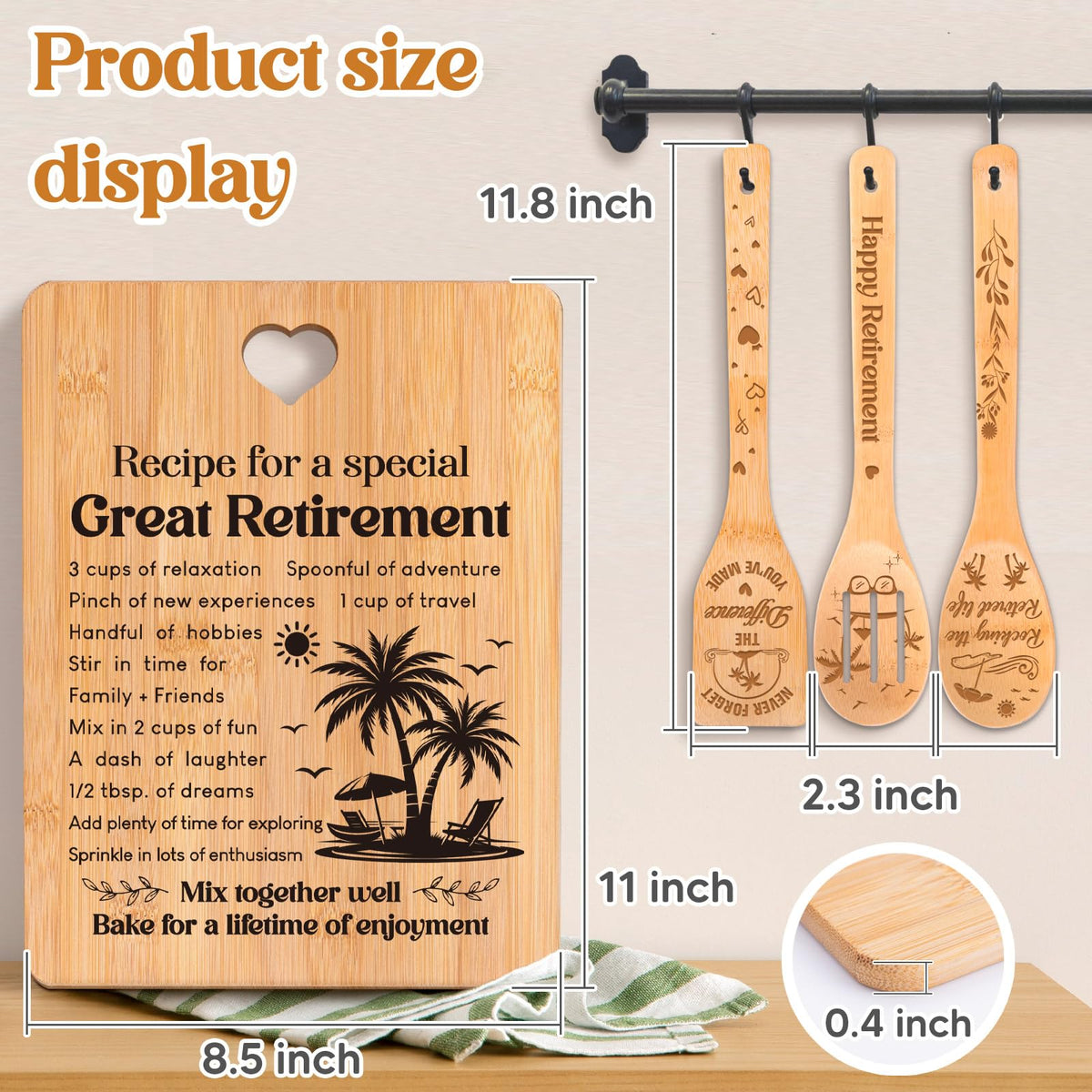 Retirement Gifts for Woman/Men 2026, Happy Retirement Bamboo Cutting Board Set for Colleagues, Coworker, Friend, Teacher, Boss, Parents, Family - Recipe for a Special Great Retirement.