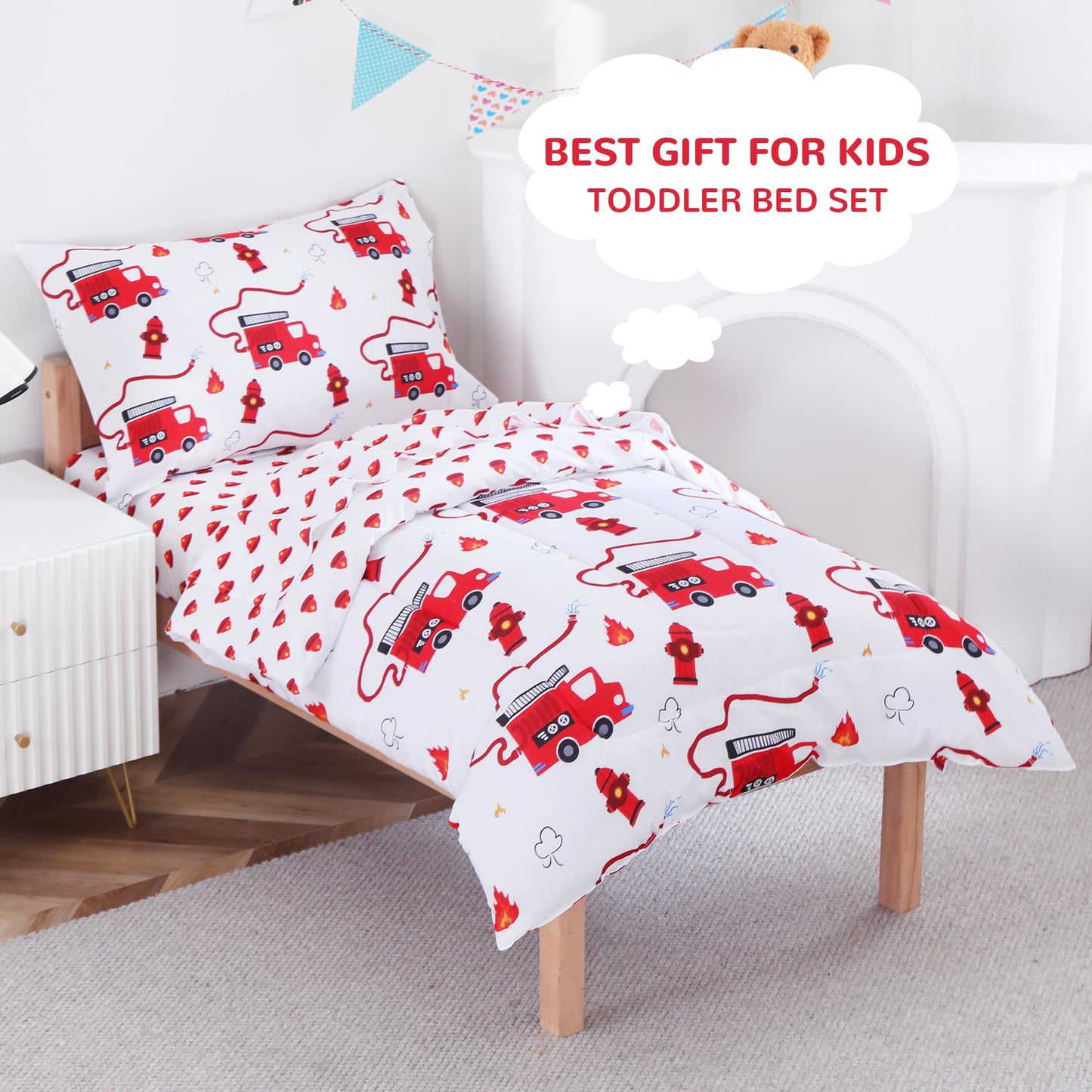 Viviland Fire Truck Toddler Comforter Sets, Cute Boys Girls Toddler Bedding Set, Soft Microfiber Fire Engine Toddler Bed Set