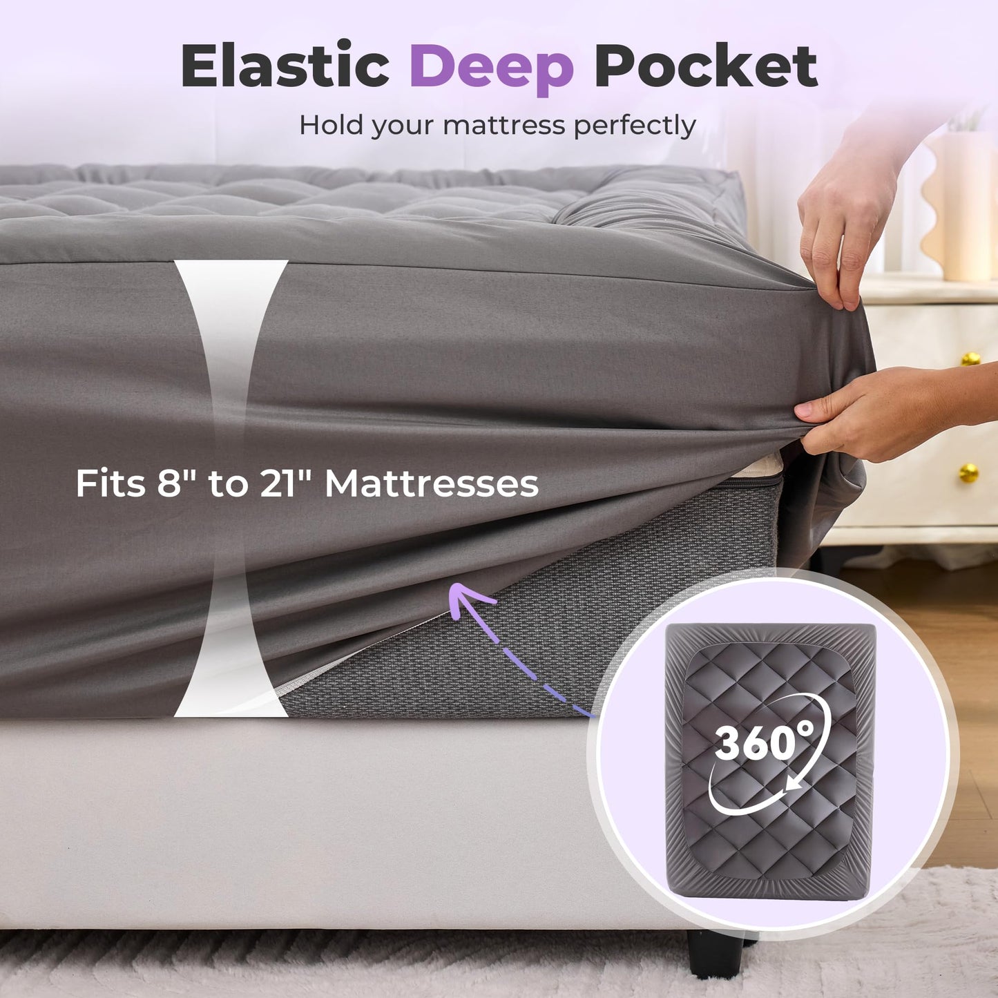 SINWEEK 5 Inch Dual Layer Memory Foam Mattress Topper Queen Size, 2 Inch Gel Memory Foam Plus 3 Inch Plush Soft Pillow Top Cover Filled with 1450GSM Down Alternative Filling,Gray