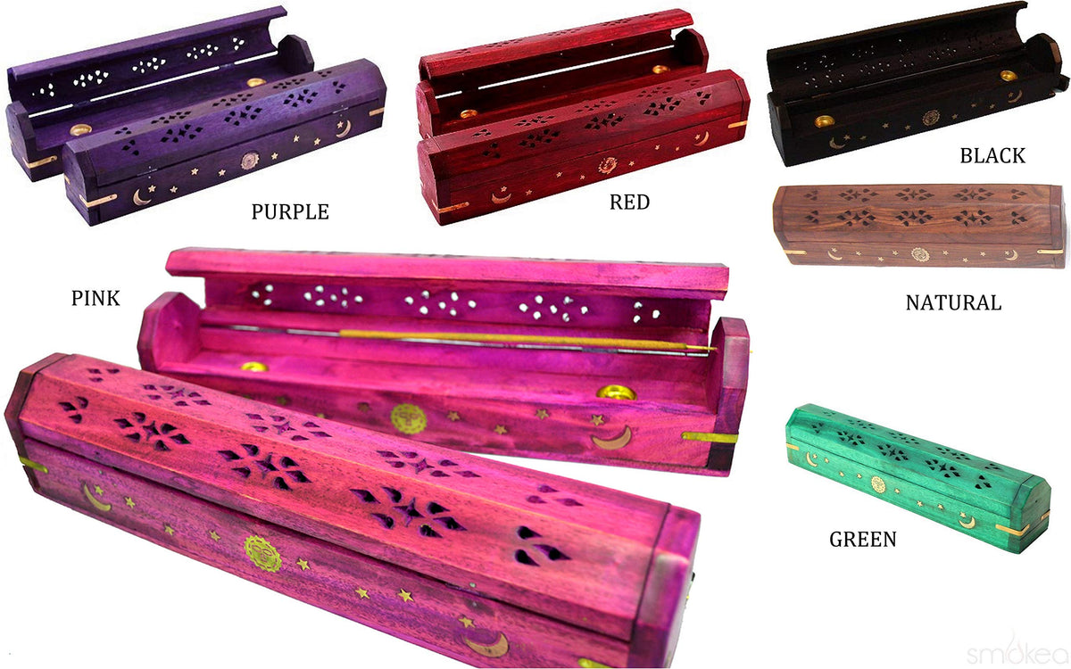 POSHNPRETTY Handmade Celestial Coffin Wooden Incense Box Burner with Brass Inlay (Purple)