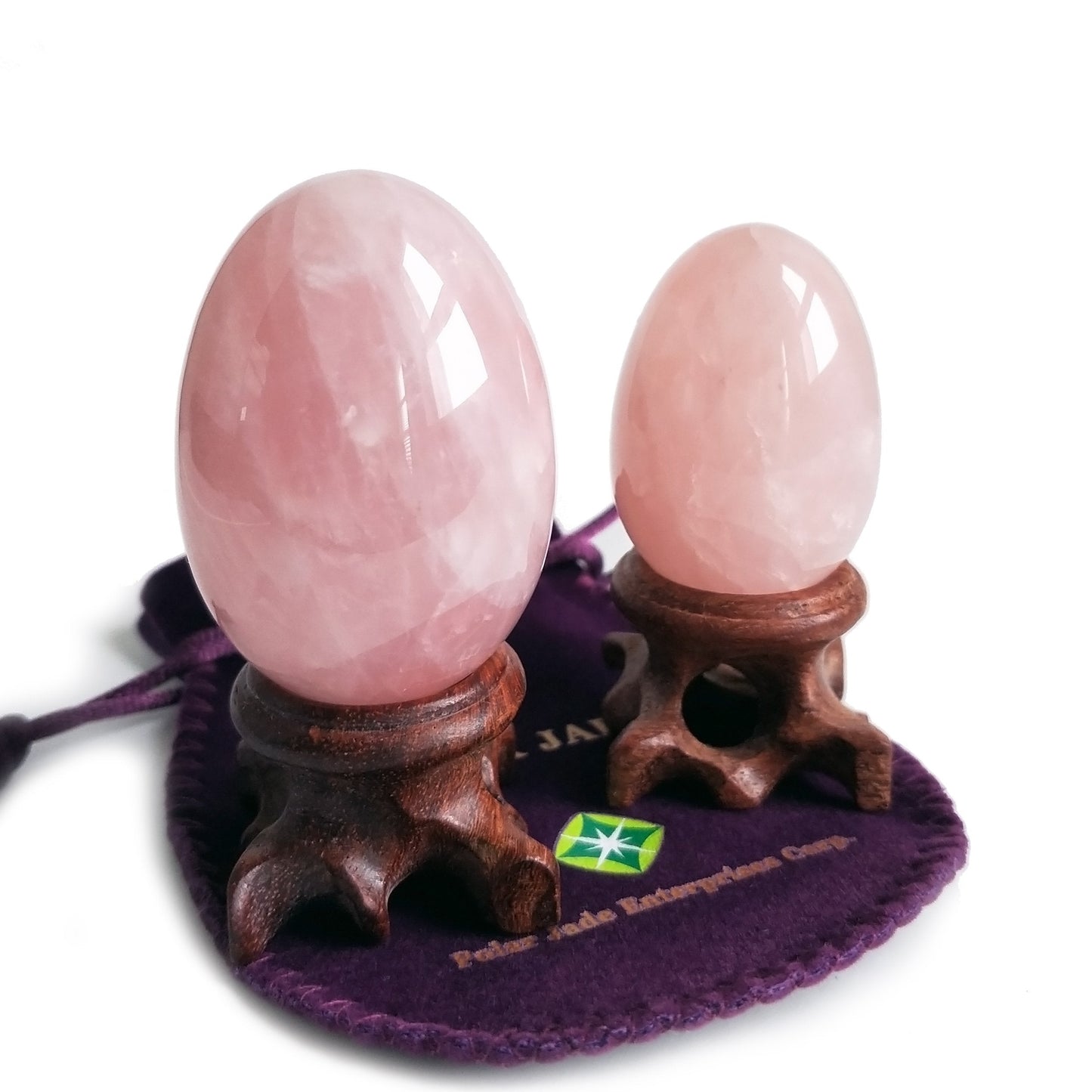 Polar Jade Set of 2 Rose Quartz Gemstone Egg Spheres with Wooden Stand for Healing Meditation Chakra Balancing and Home Decoration (L & M Sizes)