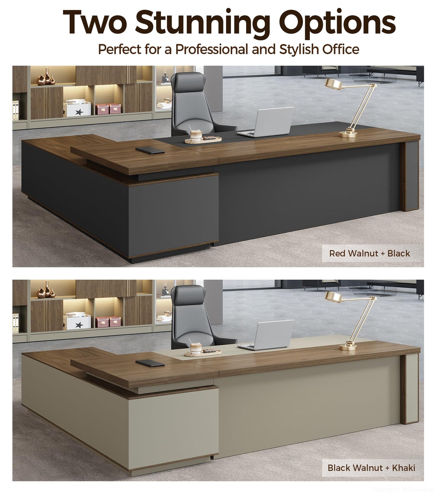 Anzhap 95" L-Shaped Executive Desk with Reversible Cabinets โ Large Luxury Office Desk with Drawers, Open Storage Shelves, Built-in Power Outlets & LED Lighting for Home or Business
