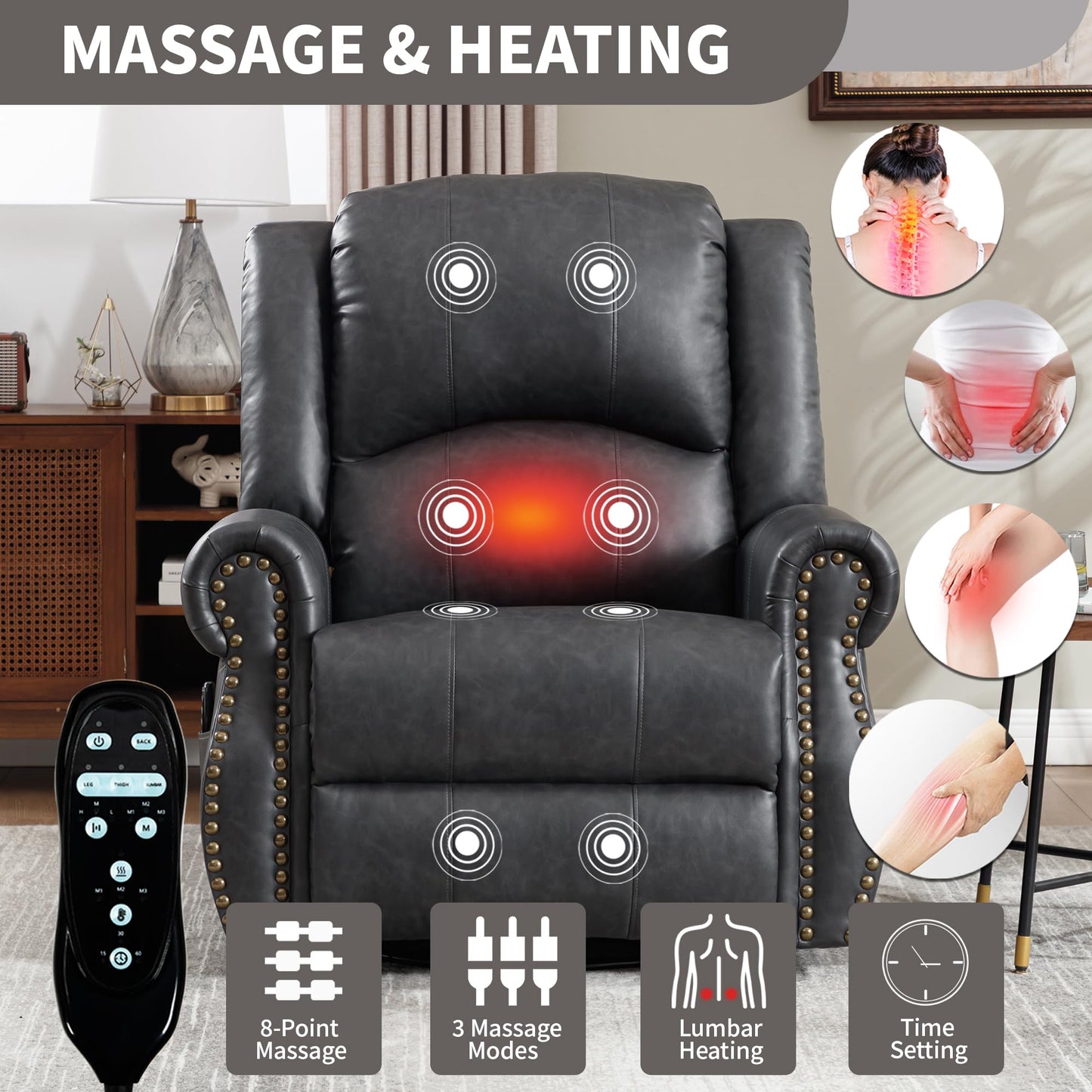 KEIKI Faux Leather Heat Massage Manual Recliner Chair with Square Arms and Cushion Back, for Elderly, Modern Style Oversized Swivel Reclining Sofa Chairs, Easy Assembly, for Living Room, Grey