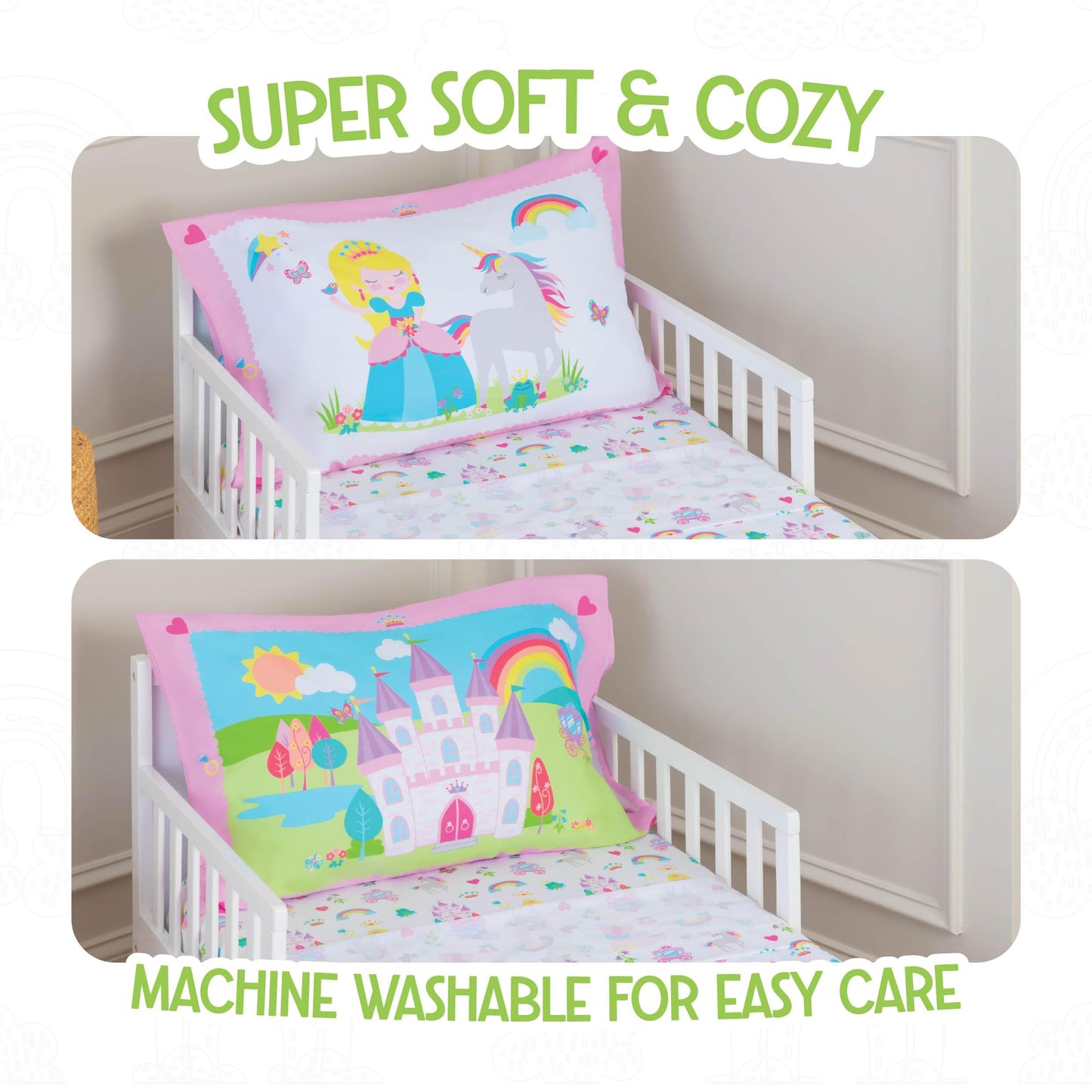 Todays Kids Princess Toddler Bedding Set for Girls - 4-Piece Toddler Bed Comforter Sets for Girls, Reversible Comforter & Pillowcase, Flat Sheet, Fitted Sheet, Breathable & Super Soft Microfiber