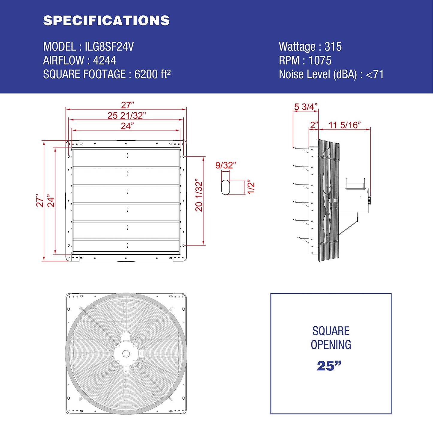 iLiving - 24" Wall Mounted Exhaust Fan - Automatic Shutter - Variable Speed - Vent Fan For Home Attic, Shed, or Garage Ventilation, 4244 CFM, 6200 SQF Coverage Area (Power Cord Not Included)
