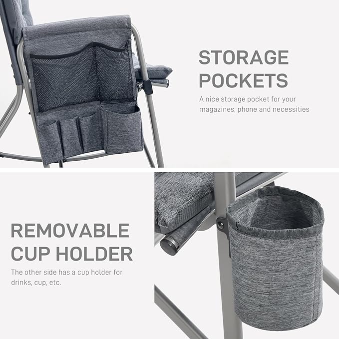 EVER ADVANCED Lightweight Folding Rocking Camping Chair, Padded Portable Rocker Chair for Patio, Lawn and Outdoors, Heavy Duty Hard Armchair for Adults, Grey