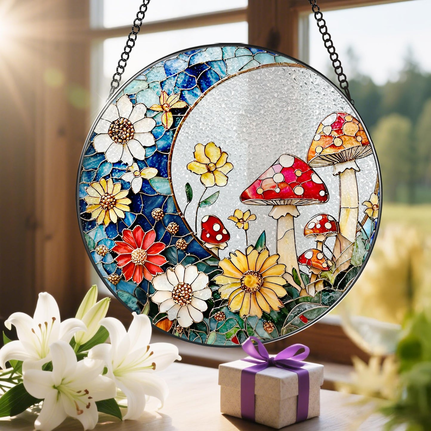8 Inch Mushroom Suncatcher, Stained Glass Mushrooms Home Decor, Stained Glass Window Hanging, Plant Lover Gifts for Women, Birthday Gifts for Her Mom Grandma, Idea Gift, Gift Exchange