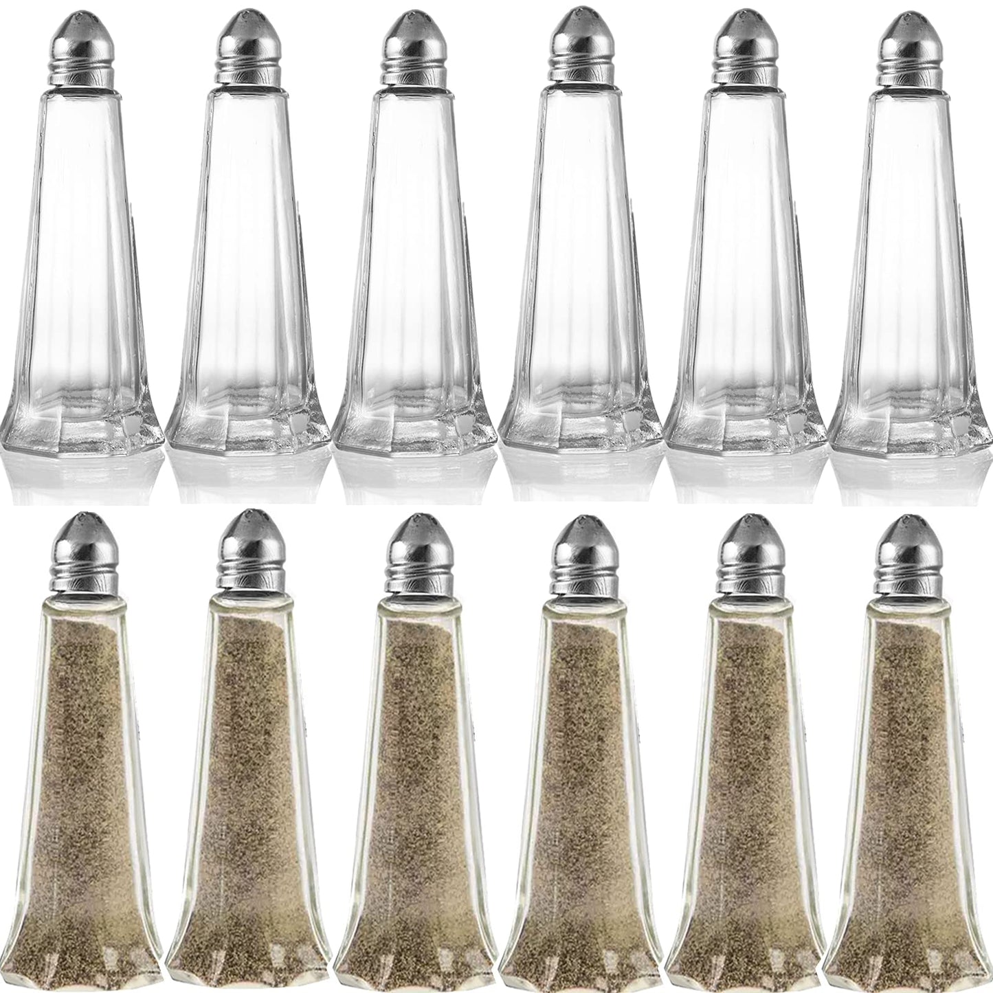 Yopay 12 Pieces Salt and Pepper Shaker Set, 1 oz Tower Glass Body Mini Restaurant Shakers with Stainless Steel Lids, Clear Curved Design