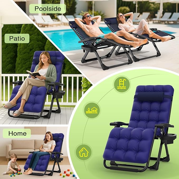 Suteck Zero Gravity Chair, Reclining Camping Lounge Chair w/Removable Cushion, Upgraded Lock and Cup Holder, Reclining Patio Chairs Folding Recliner for Indoor and Outdoor