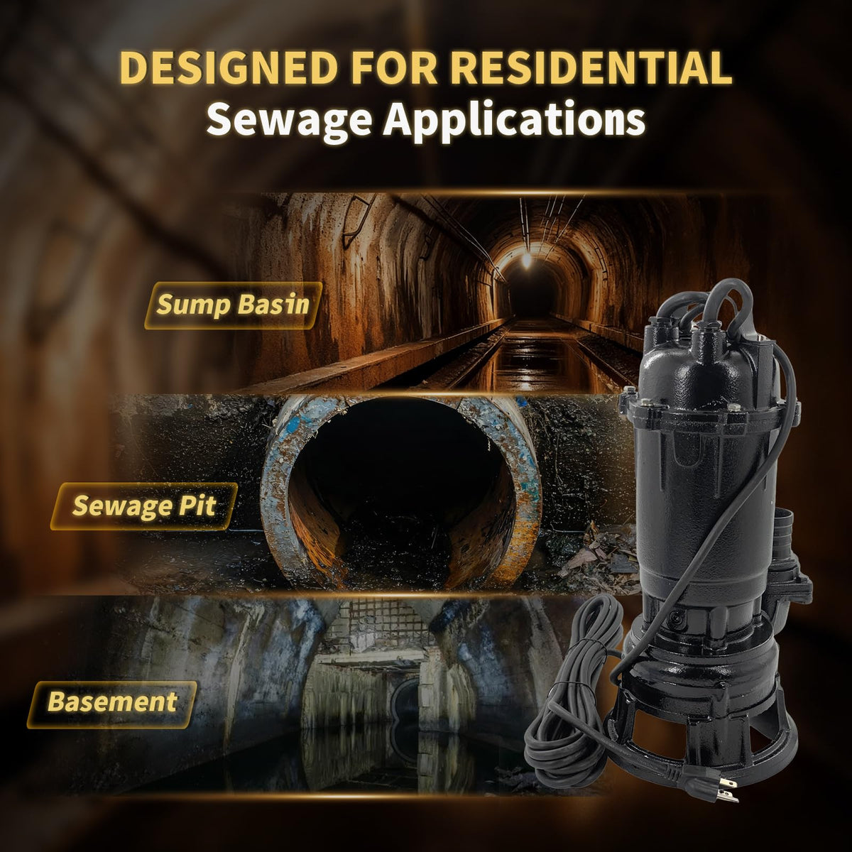 Submersible Sewage Grinder Sump Pump, 2HP 110V 1500W, 6498 GPH Cast Iron Sump Pump with Automatic Float Switch, 2'' NPT Discharge, 66ft Hose for Basement Sump Basin & Sewage Pit