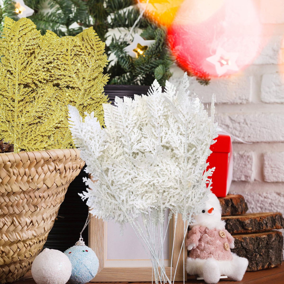 MCCVBFHH 60 Pcs Christmas Glitter Artificial Pine & Cedar Branches - Sparkly Stems Picks for Christmas Tree,Garland,Wreath,Holiday Party & Winter Home Decor