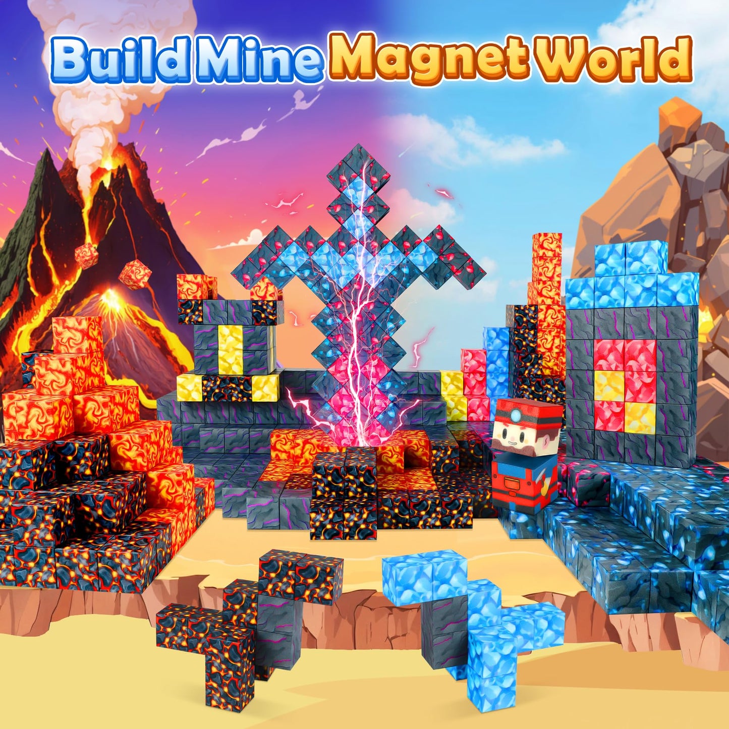 COOLJOYA Magnetic Blocks, 108PCS Magnetic Building Blocks for Kids Boys Girls Aged 3 4 5 6 7 8 Years Old, Montessori STEM Toys for Toddlers Kids, Stacking Construction Toys Sword Lava