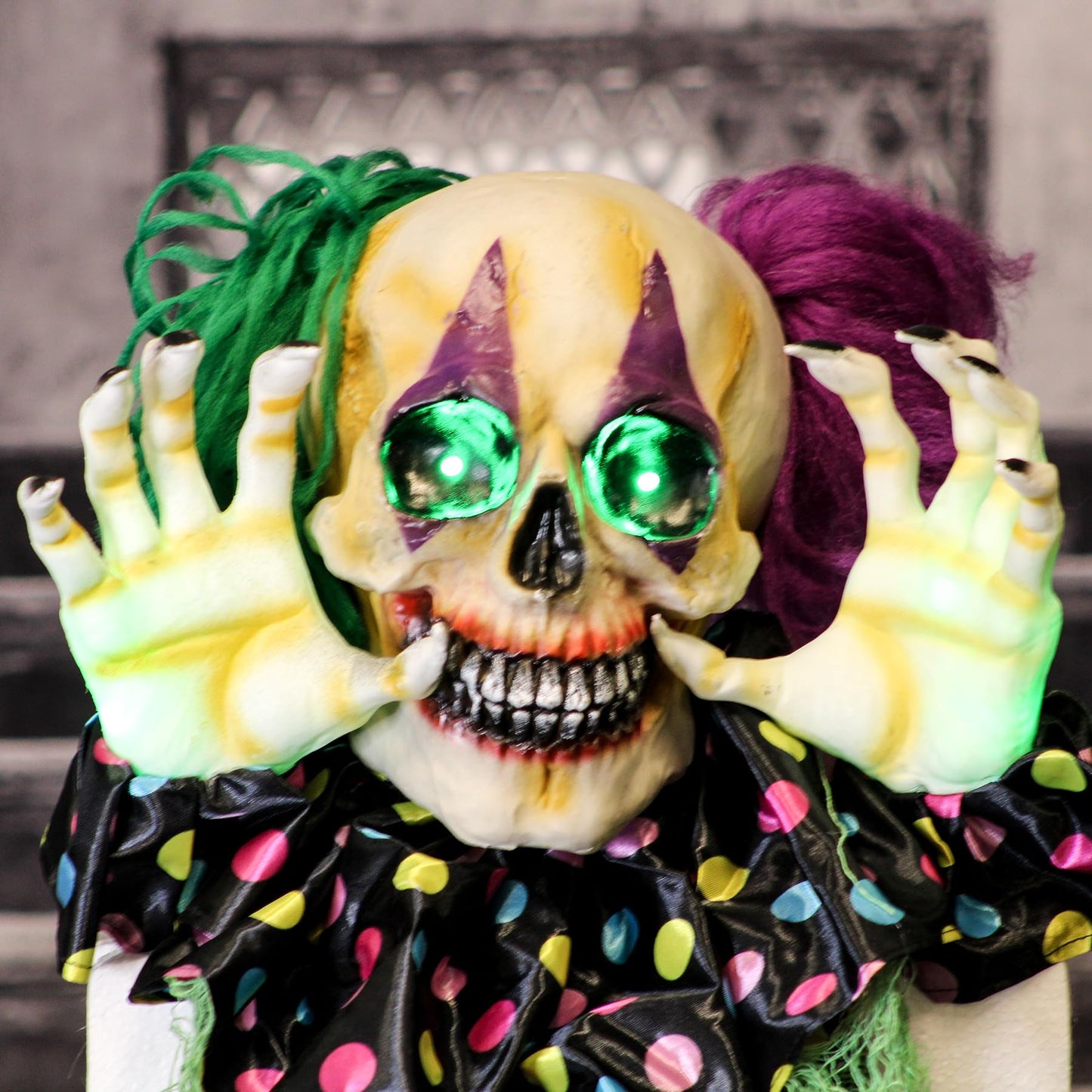 Haunted Hill Farm Scary Talking Groundbreaker Skeleton Clown Halloween Prop with Touch Activated Lights and Sounds, Battery Operated, Poseable Indoor or Covered Outdoor Halloween Decorations for Home