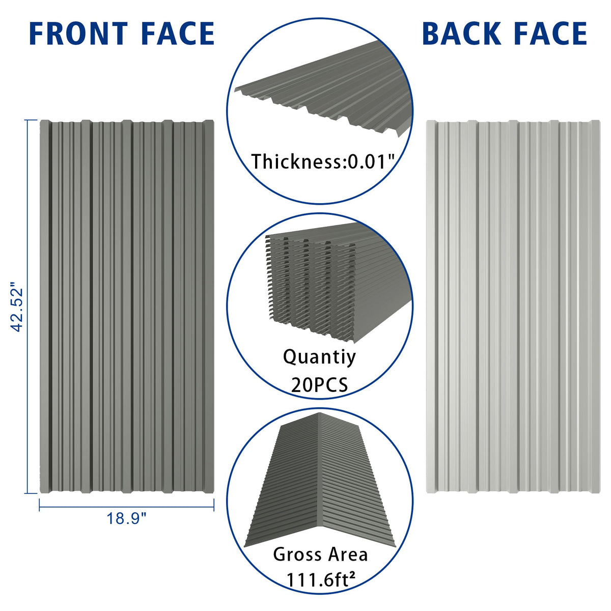 20PCS 111.6ft² Metal Roofing Panels 42.52"x18.9" Corrugated Metal Sheets Galvanized Exterior Siding Roofing Materials for Outdoor House Garages Sheds Pergola Gazebo Chicken Coop Stables, Grey