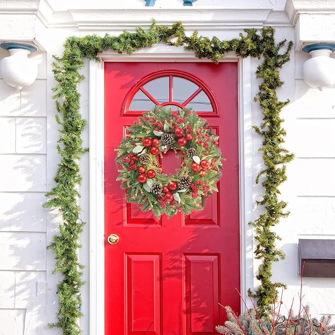 Super Holiday Artificial Christmas Wreath, Front Door Wreaths Decorations for Home, Party, Holiday, Thanksgiving, Xmas Decor - with Wreath Hanger, Green/Red