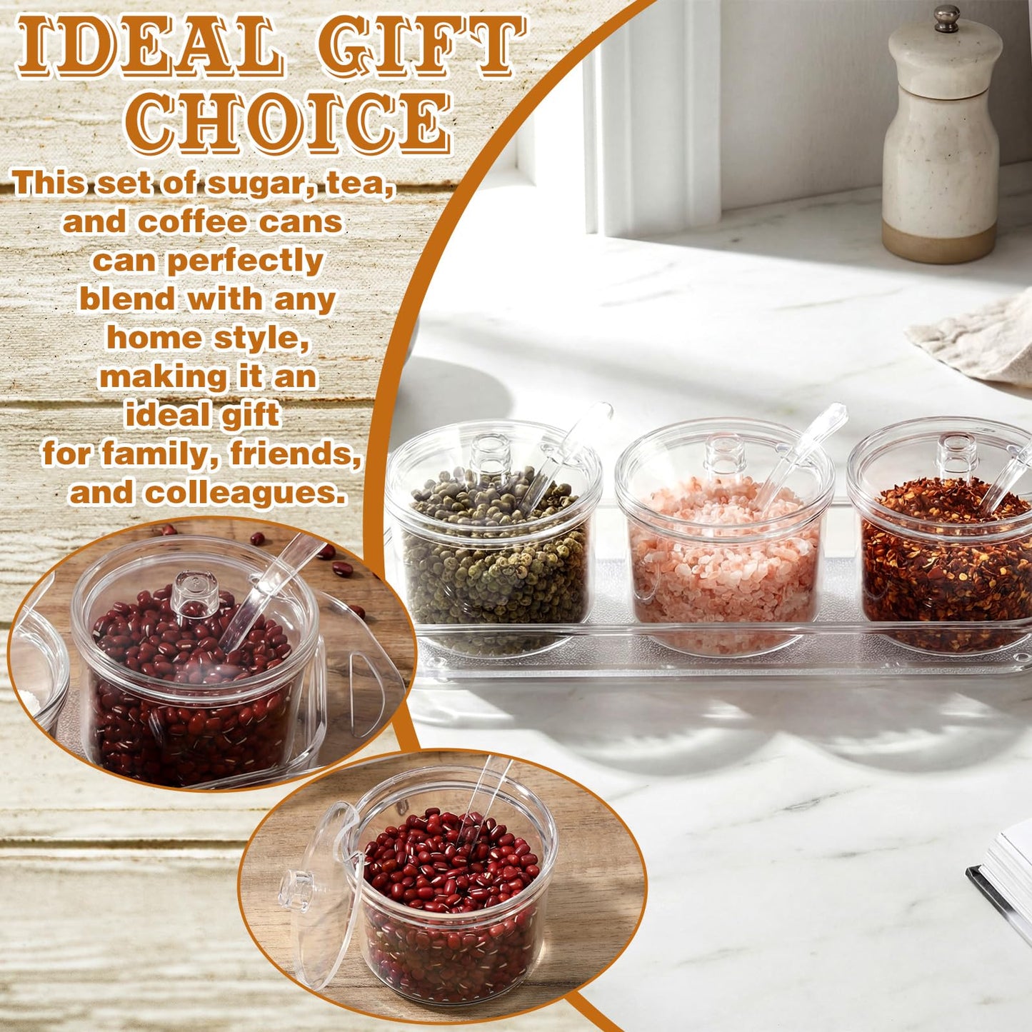 Ferrochef Set of 3 Clear Acrylic Sugar Bowl with Lid and Spoon for Coffee Bar Accessories, 7 oz Tea Sugar Coffee Container Salt Canister Spice Jars, Kitchen Seasoning Box Condiment Pots with Labels