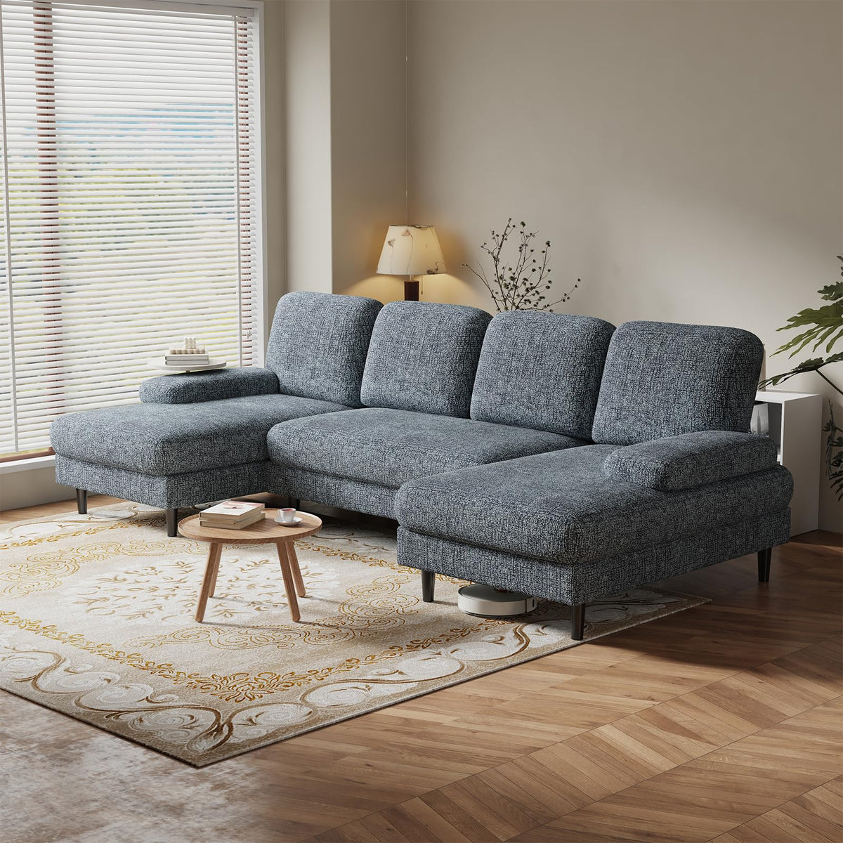 DUMOS Sectional Couches for Living Room, U Shaped Couch with Double Chaise Lounge, Modern Chenille Fabric 4-Seat Couch with Removable Pillows for Apartment/Small Space, Dark Grey