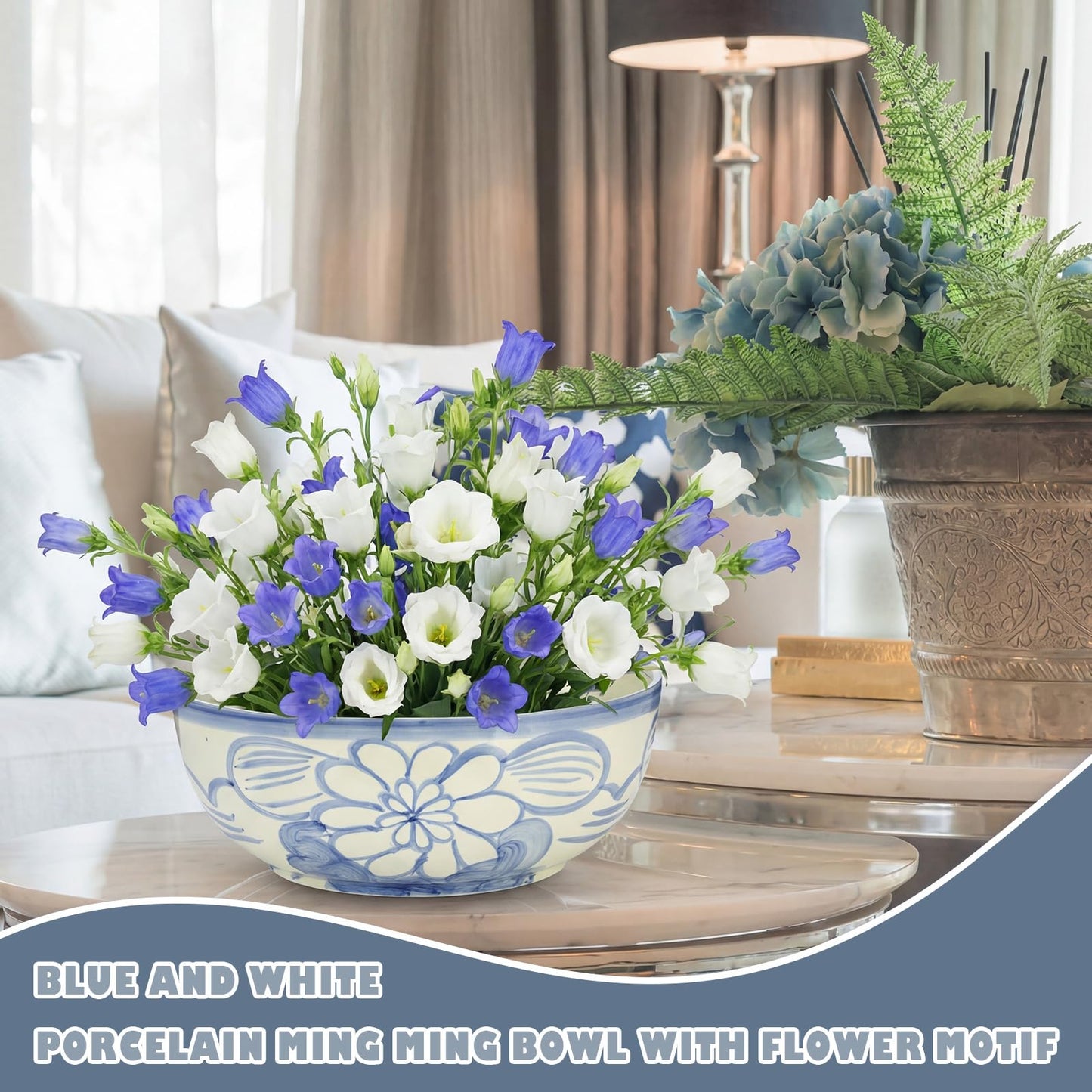 LemonRoad Large Blue and White Bowl Hand Painted Stoneware Decorative Bowls 16" x 7.7'' Floral Chinoiserie Ceramic Planter XL Pottery Porcelain Rice Bowl for Cereal Fruit Serving Kitchen Centerpiece