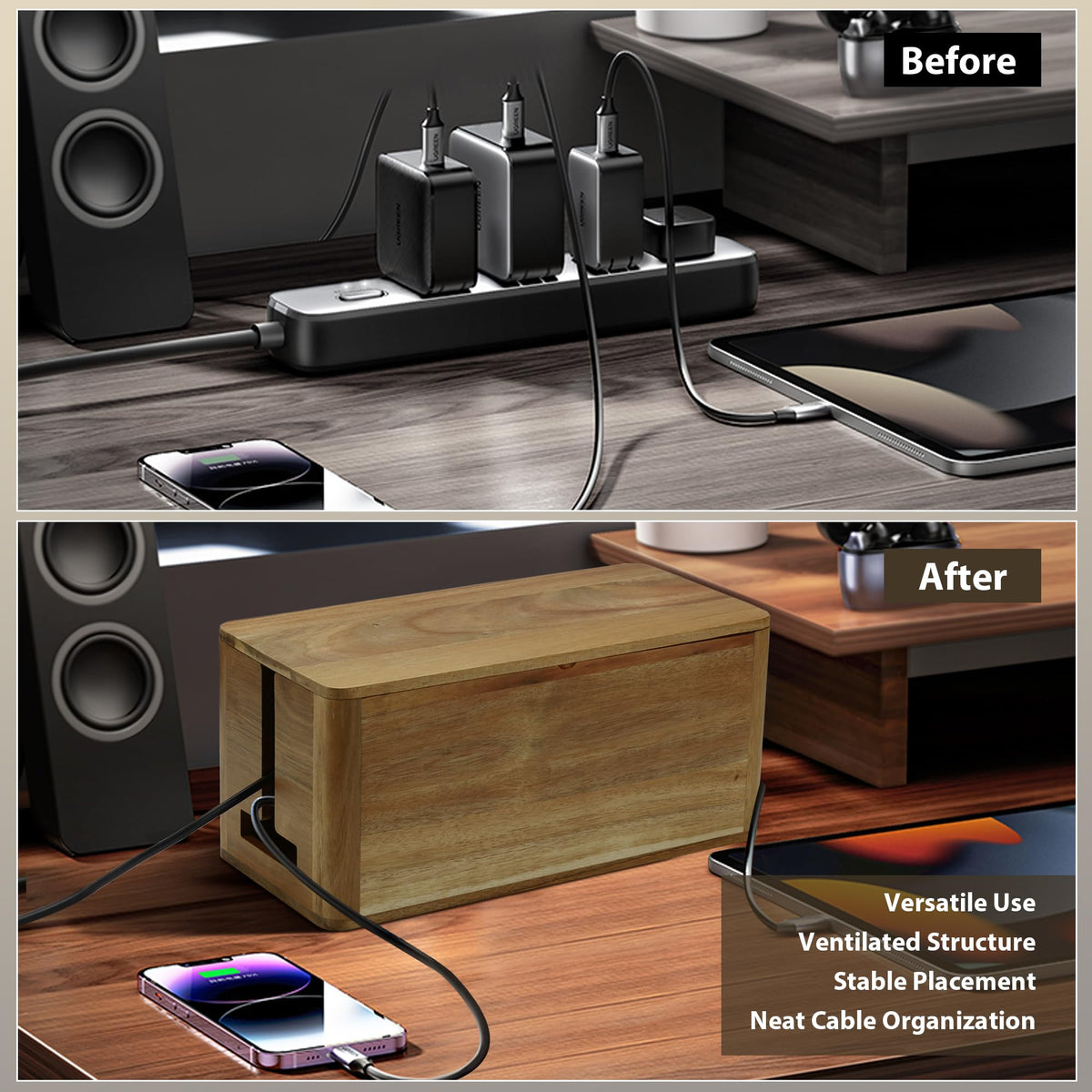 YCLYC Large Acacia Wood Style Cable Management Box, Cord Organizer Power Strip Box with Magnetic Outlet Covers, Cord Hider for Desk and Floor Cable Storage, Ventilated Design