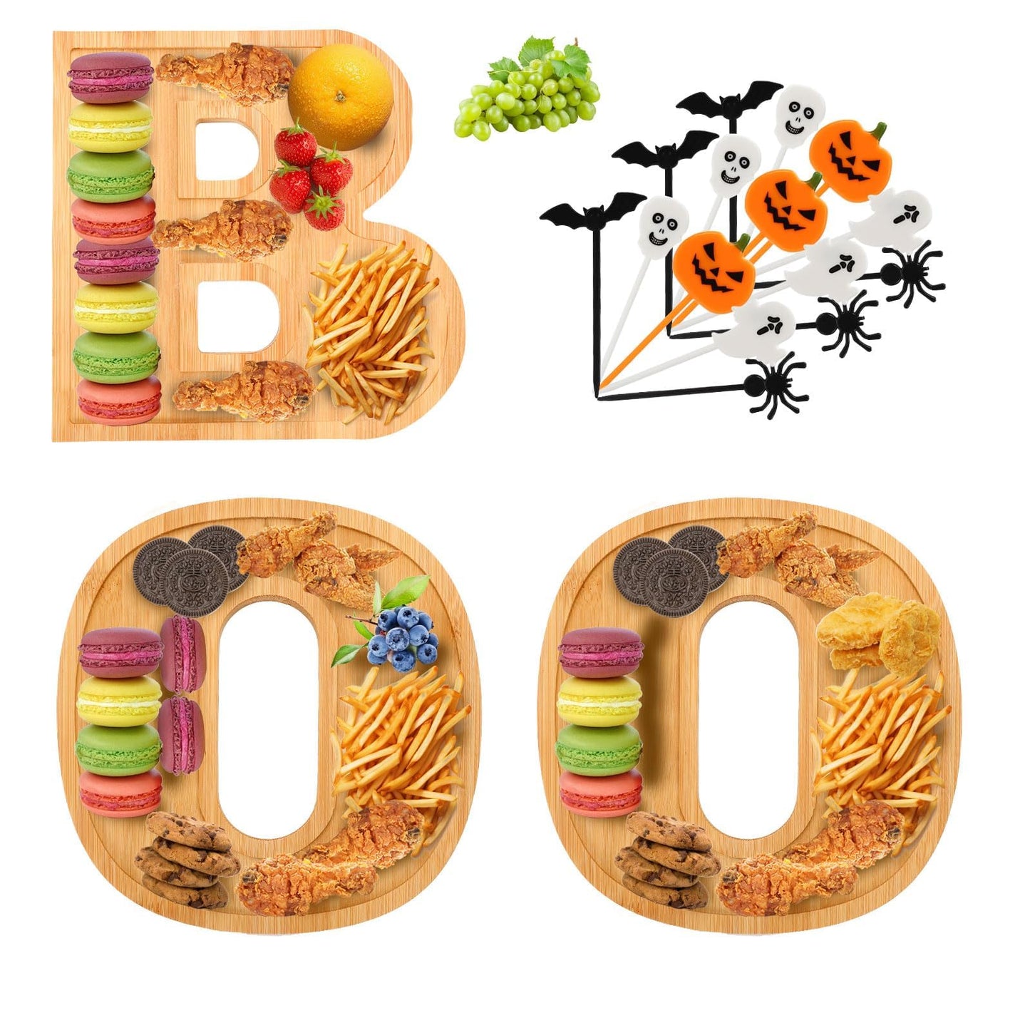 AUGSUN 53Pcs Halloween Charcuterie Board Set, 3 BOO Halloween Cheese Board Wooden Serving Platter with 50 Plastic Toothpicks for Party Buffet Supplies for Home Outdoor Party Decoration