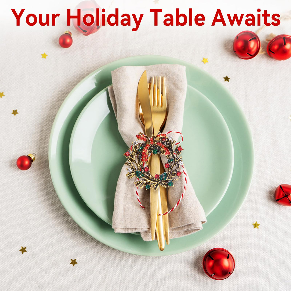 ZeeDix Christmas Wreath Napkin Rings Set of 12, Holiday Rhinestone Christmas Napkin Ring Holders for Cloth Napkins, Napkin Buckle for Thanksgiving Holiday Dinner Table Decor