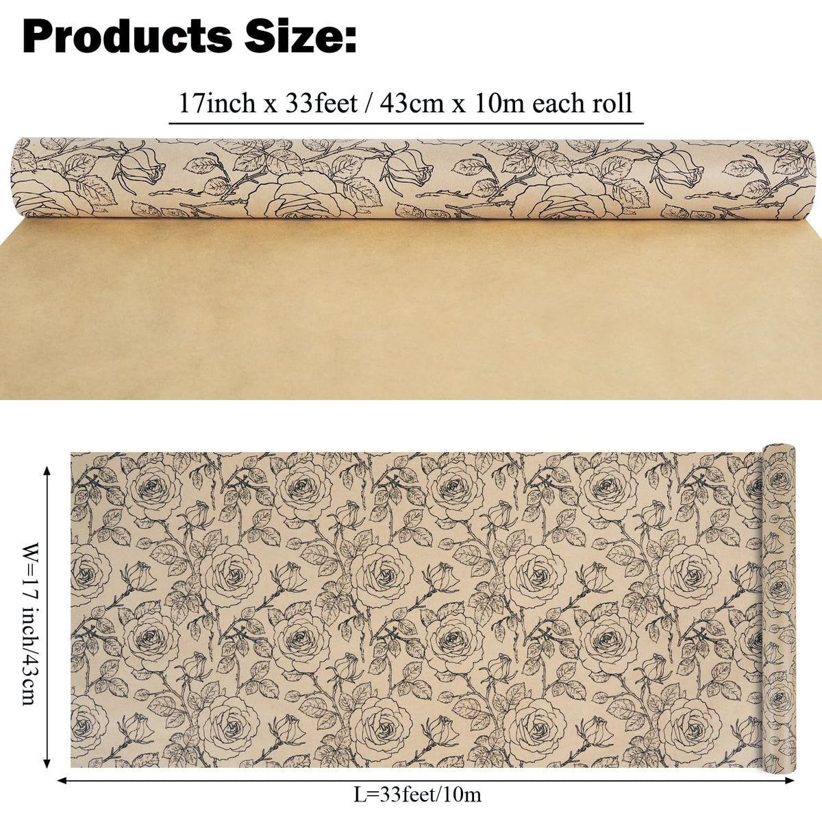 Kraft Floral Wrapping Paper Roll, Vintage Rose Wrapping Paper, Rose Print Design, Brown and Black Kraft Gift Wrap Paper for Birthday Mother's Day Bridal Shower Baby Shower Wedding, 17Inch×33Feet