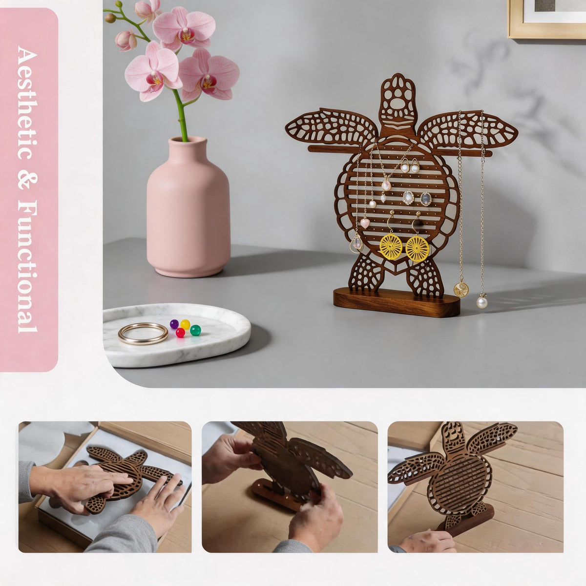 NaiSooten Wooden Turtle Jewelry Display Stand, Earring Holder, Jewelry Holder for Unique Home Decor