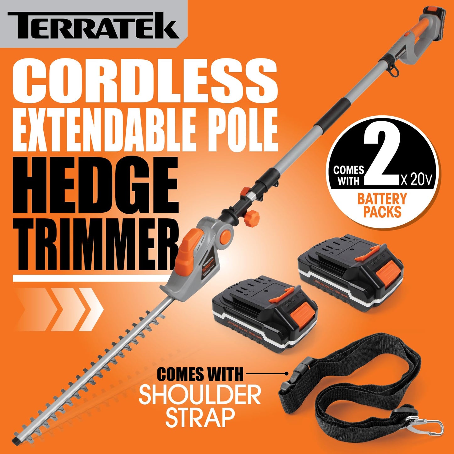 Terratek Cordless Hedge Trimmer Long Reach 20V 1HR Fast Charge, 2.4m Telescopic Hedge Trimmer Cordless Hedge Cutter with 2x Batteries, Shoulder Strap and Charger Included