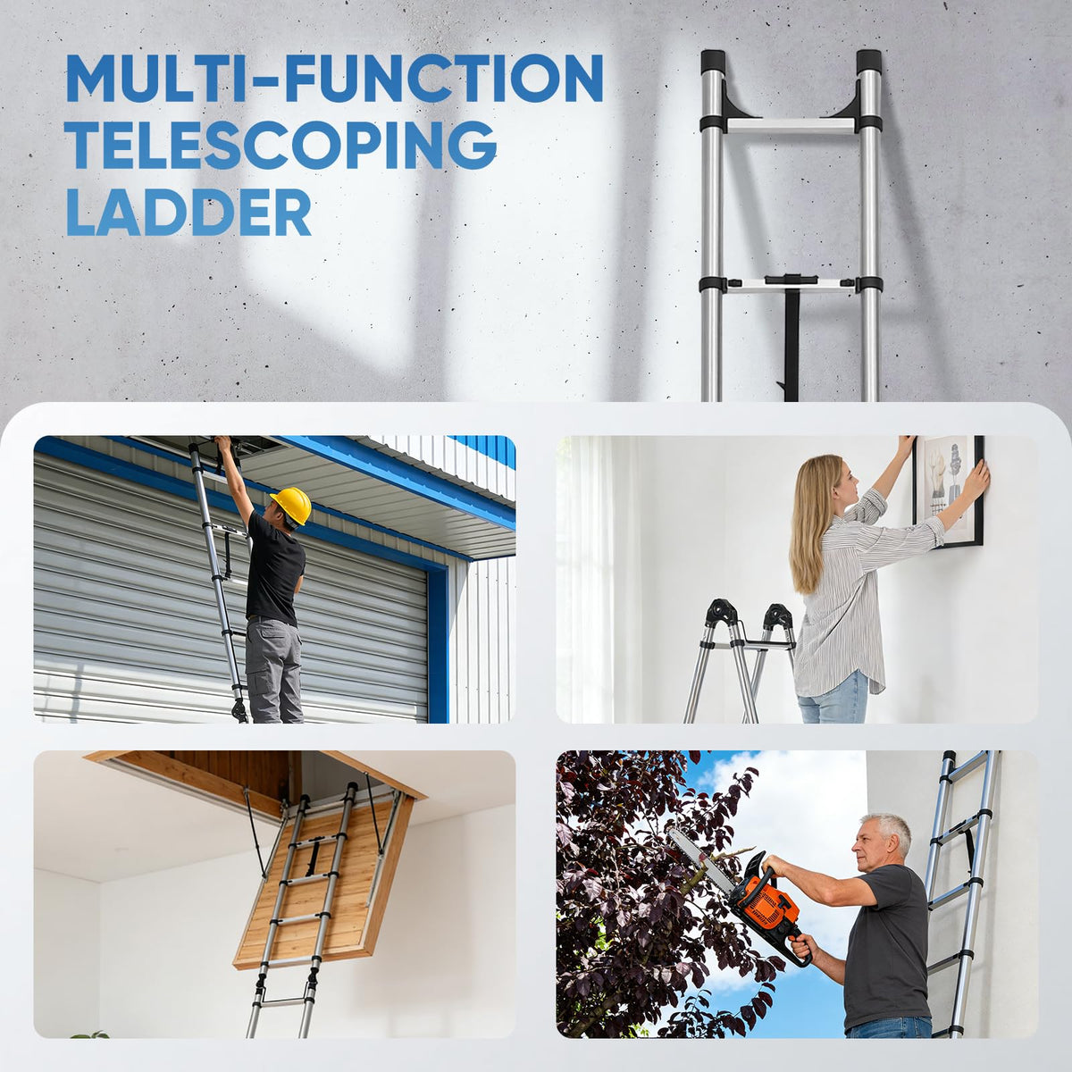 Telescoping A Frame Ladder 12.5 Ft, Collapsible Ladder with Hooks, Multi-Position Folding Step Ladder – Heavy Duty 330 lbs, Telescopic Extension Ladder for Home, RV, Roof, Travel, Storage