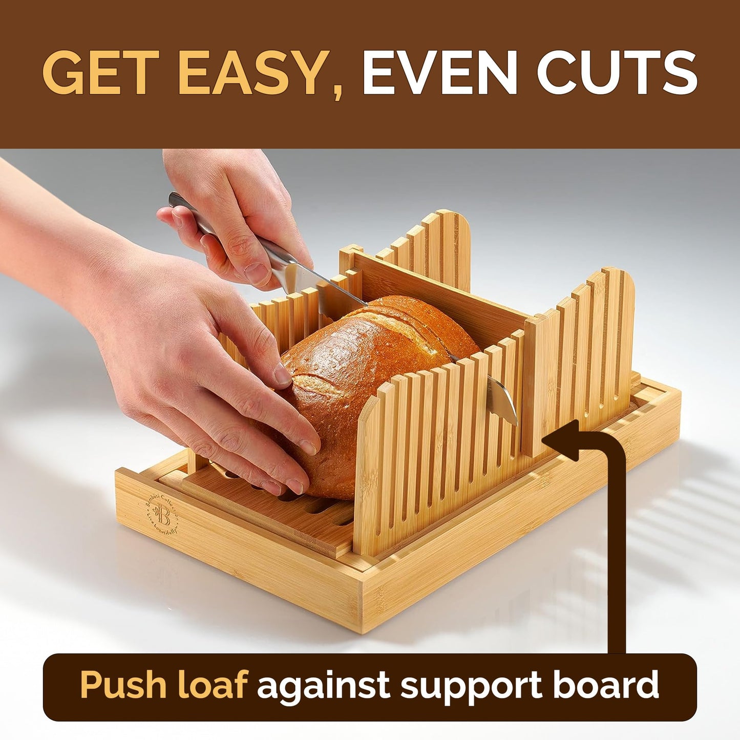 BAMBUSI Bread Slicer for Homemade Bread - Bamboo Bread Cutter with Knife, Foldable Slicing Guide, Crumb Tray - Compact Bread Loaf Slicer for Cakes, Bagels, Loaves - Kitchen Gadget, Baking Tool & Gift