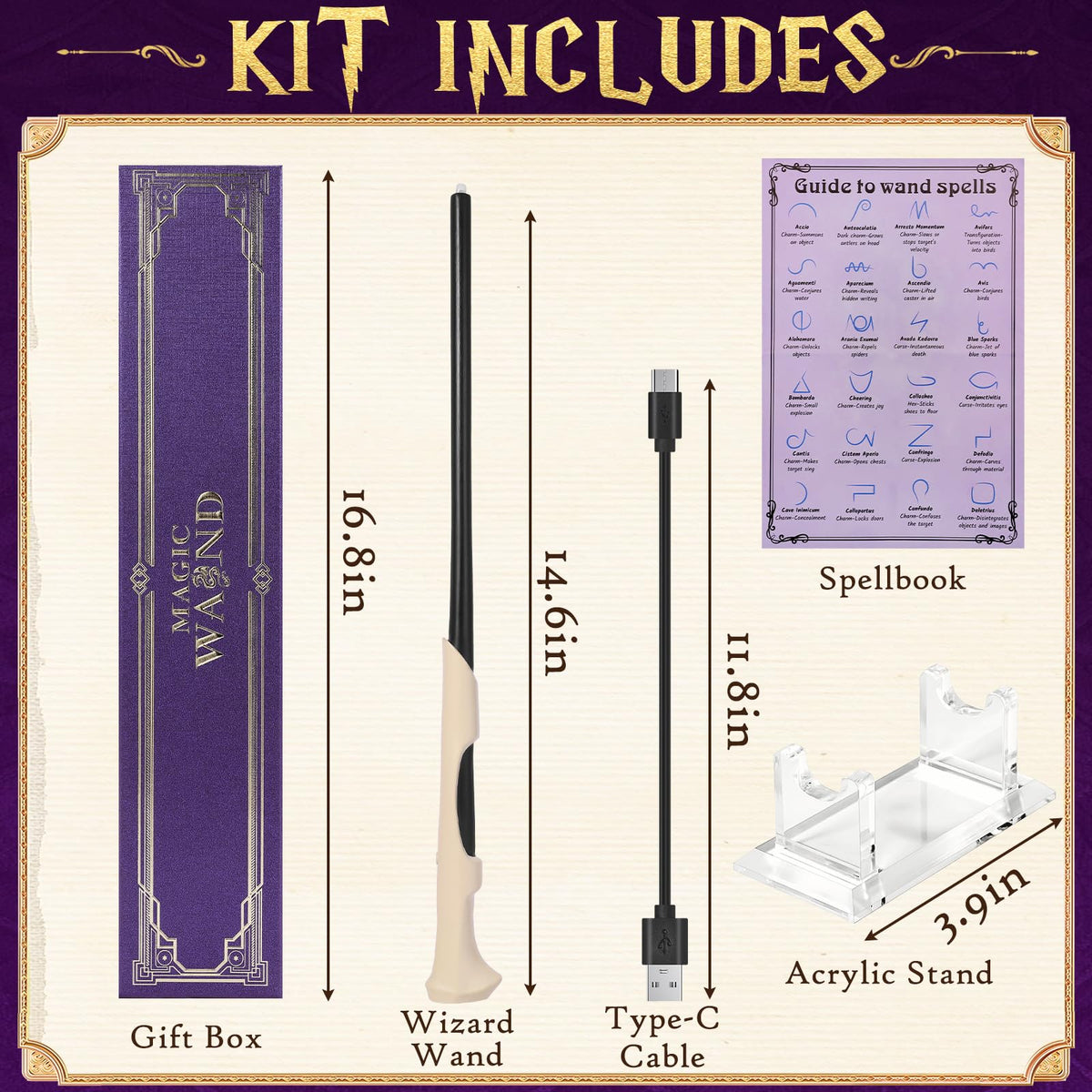 EnrichFun Light Up Wizard Magic Wand with 5 Static Color Lights Rechargeable LED Resin Witch Wands for Kids Cosplay Collection, with Acrylic Stand, (Bone)