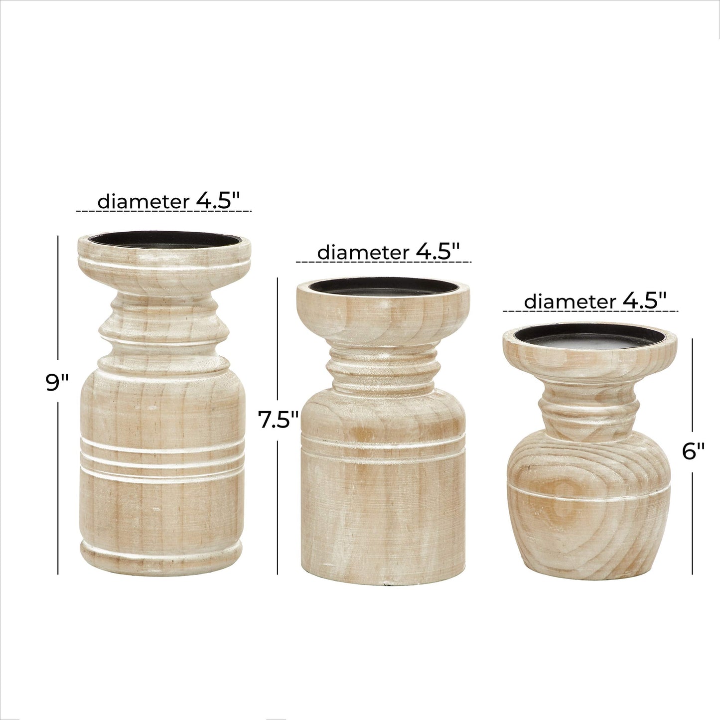Deco 79 Wood Pillar Candle Holder with White Wash Finish, Set of 3 9", 8", 6"H, Brown