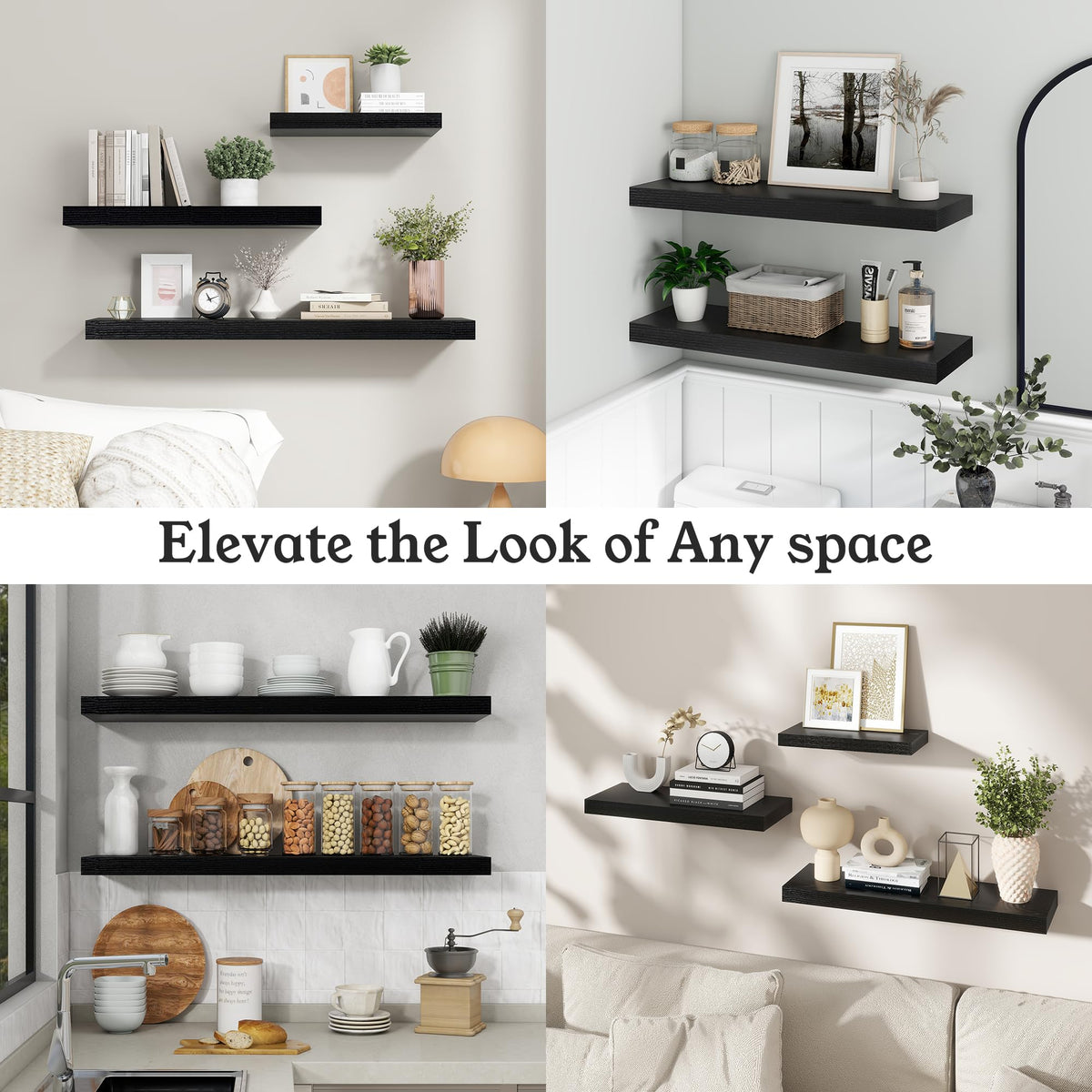 Ornawit Floating Shelves for Wall, 9.3" Deep Wall Mounted Wood Shelves for Bathroom, Bedroom, Living Room, Kitchen, Hanging Shelf for Books/Storage/Room Decor (Black, 24")