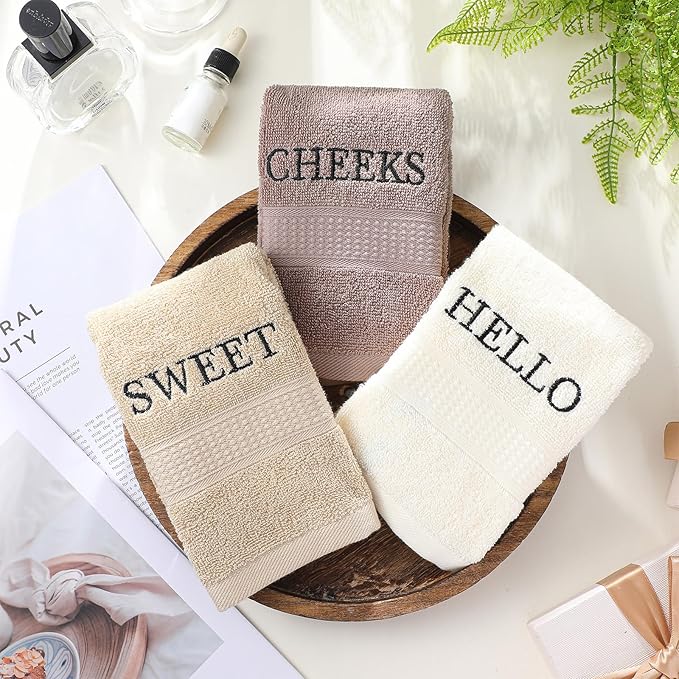 3 Pcs Hello Sweet Cheeks Hand Towels Farmhouse Decorative Embroidered Bathroom