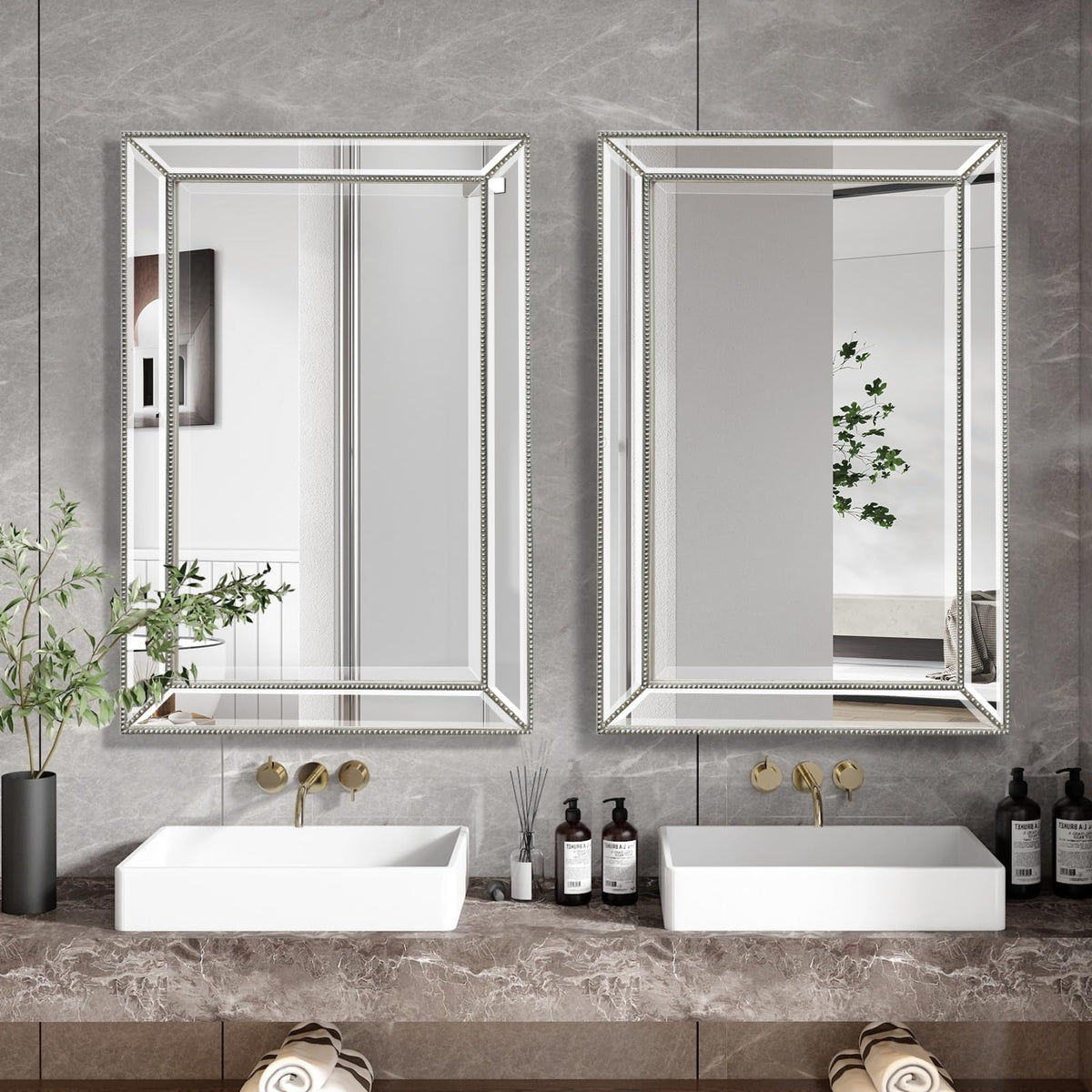 FOMAYKO 24"x36" Retro Beaded Medicine Cabinet with Beveled Mirror - Wooden Frame, Recessed & Surface Mount Bathroom Storage Cabinet