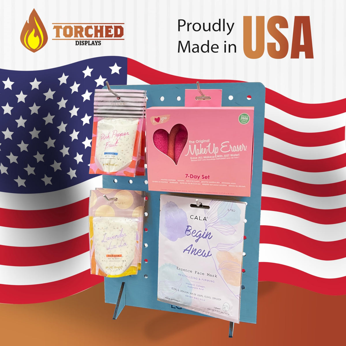 Torched Pegboard Display Stand for Jewelry, Craft Shows, Selling, Vendor Events, Tools, Peg Board Accessories Rack Organizer, Medium 8" L x 4.3" W x 12" H, Blue