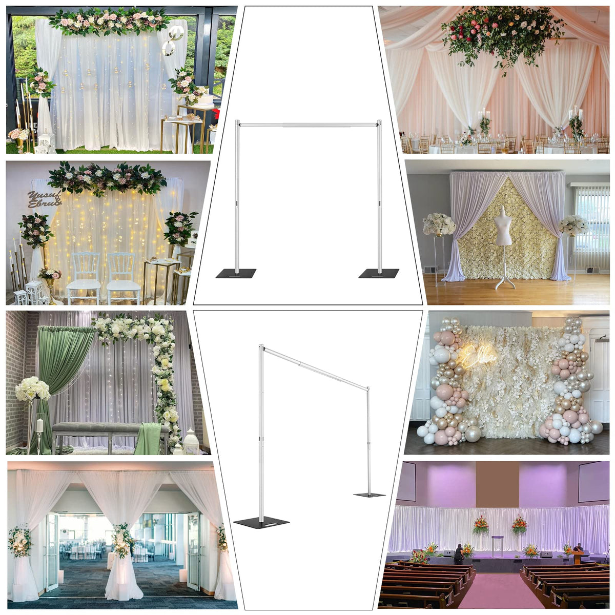 Hecis Pipe and Drape Backdrop Stand,8ft x 10ft Backdrop Stand, Adjustable Metal Heavy Duty Wedding Background for Parties Birthday Party Baby Shower Wedding Decorations