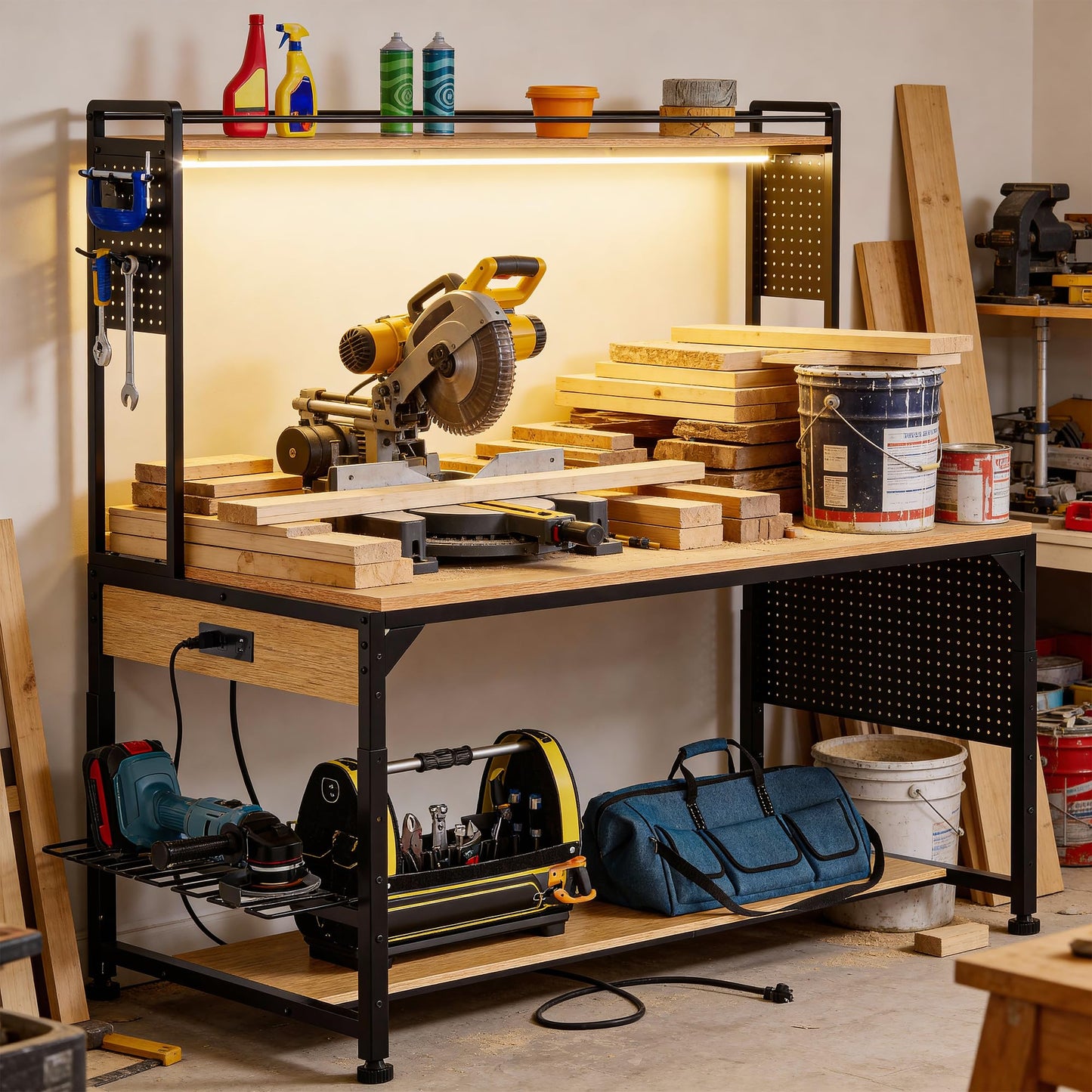 DWVO 59"x31" Adjustable Height Workbench with Pegboard and Storage Shelf, Heavy Duty Work Bench with Wheels, Load 1100lb, Work Table with AC/USB Outlet, LED Light, Hooks, for Garage, Workshop, Home