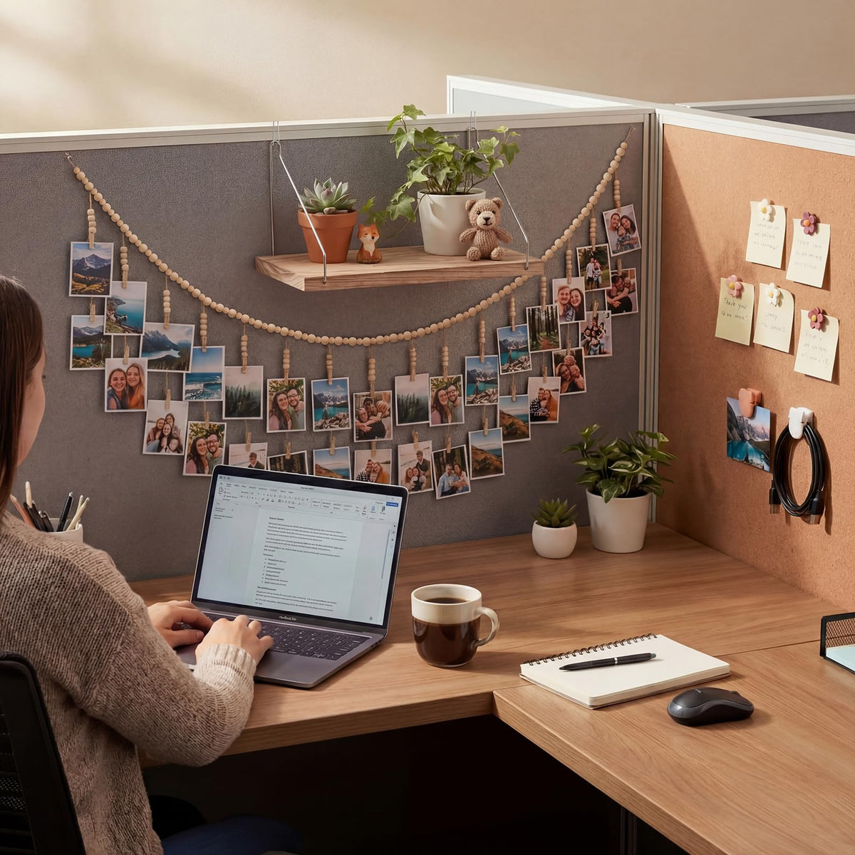 Sieral 48 Pcs Office Cubicle Decor Set, Boho Hanging Photo Display with 24 Wooden Clips, 2 Fabric Wall Shelves, 30 Flower Push Pins, 15 Cubicle Clips, Aesthetic Wall Decor for Office, Dorm & Workspace