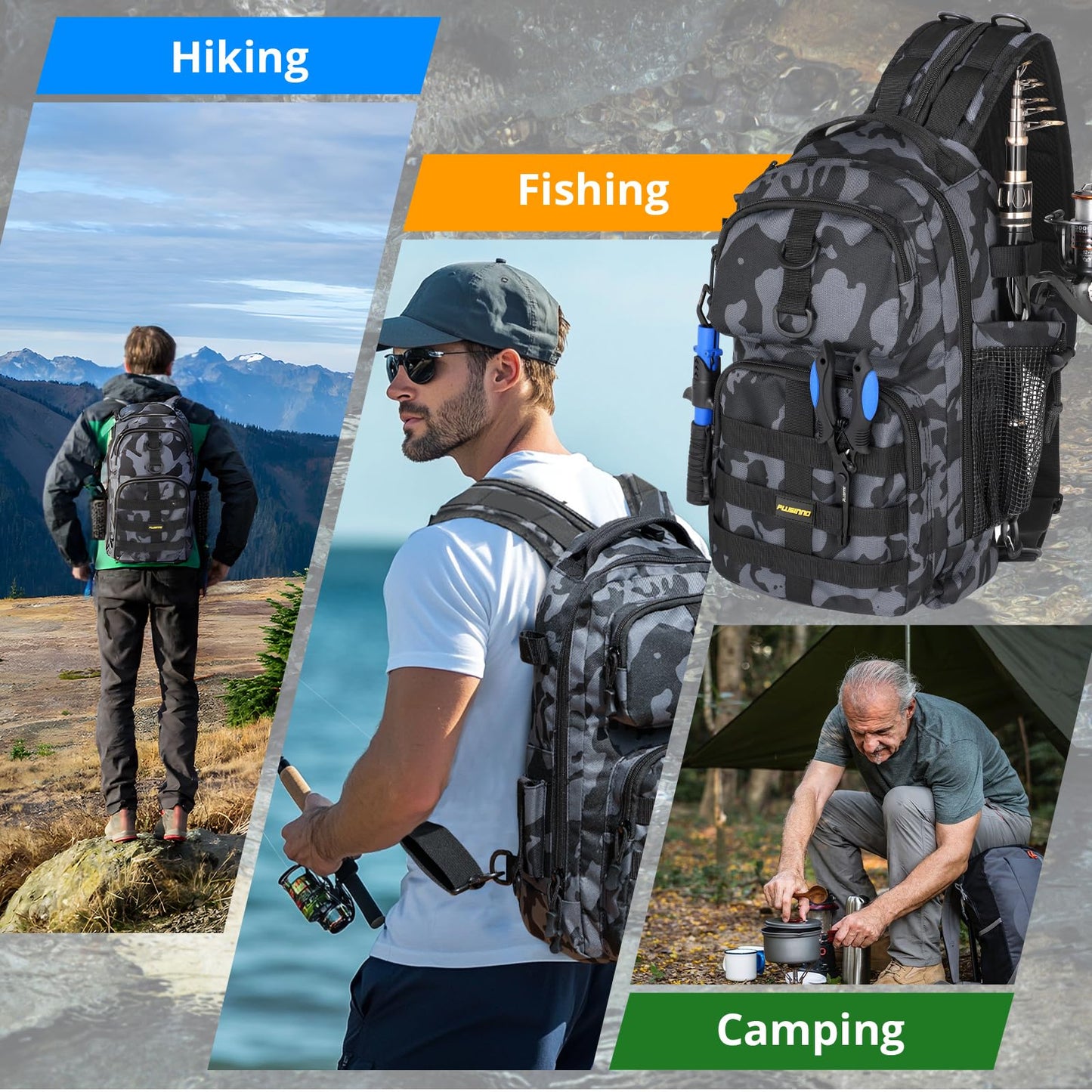 PLUSINNO Fishing Backpack with Tackle Boxes, Waterproof Fishing Sling Tackle Bag For Fishing Gear With Rod Holder, Fishing Gifts for Men With Fishing lures, Fishing pliers.