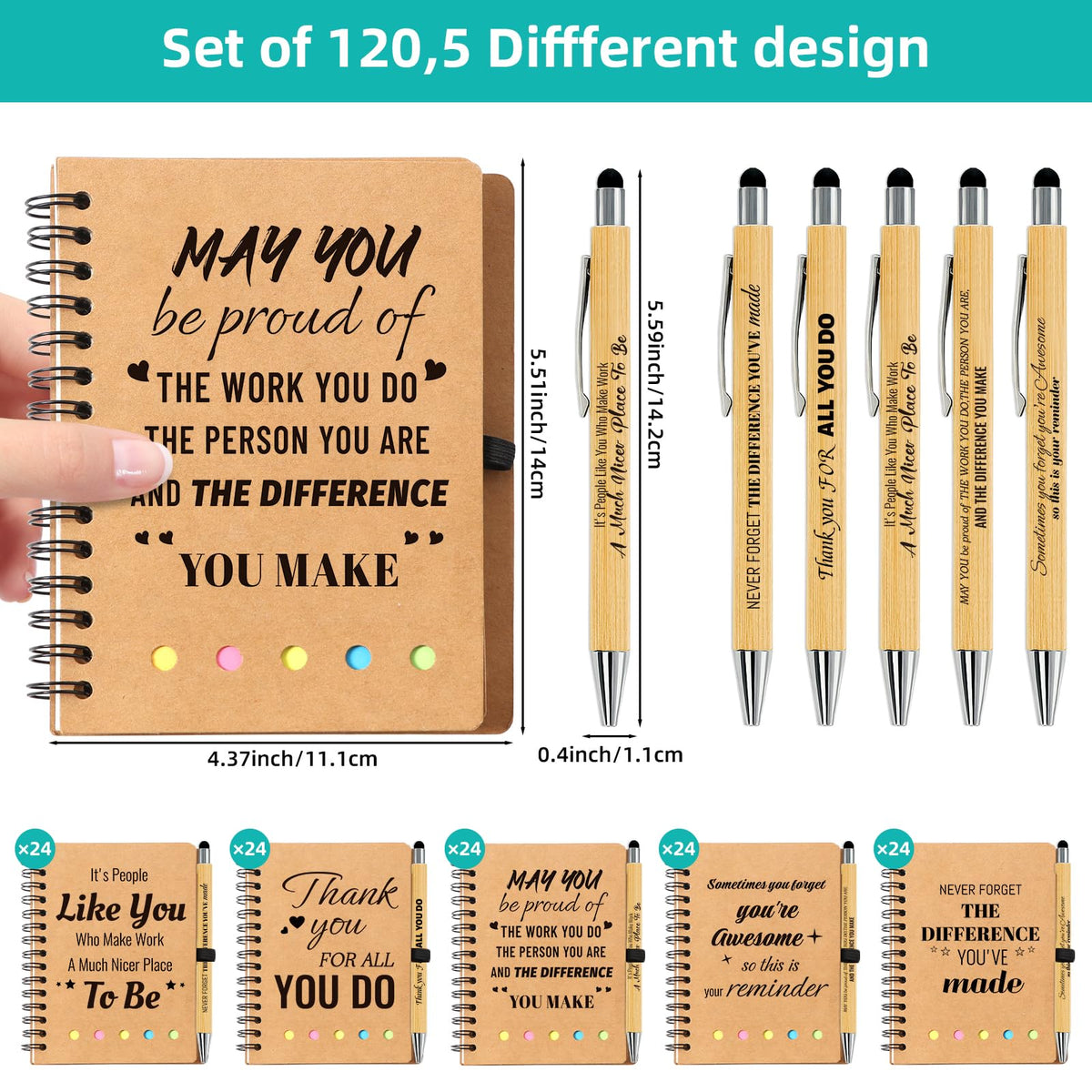 240 Pcs/120 Sets Employee Appreciation Gifts Bulk - Inspirational Spiral Notebooks with Motivational Pens, Thank You Gifts, Valentines Gift for Staff, Coworkers,Teacher, Team, Nurse, Office & School