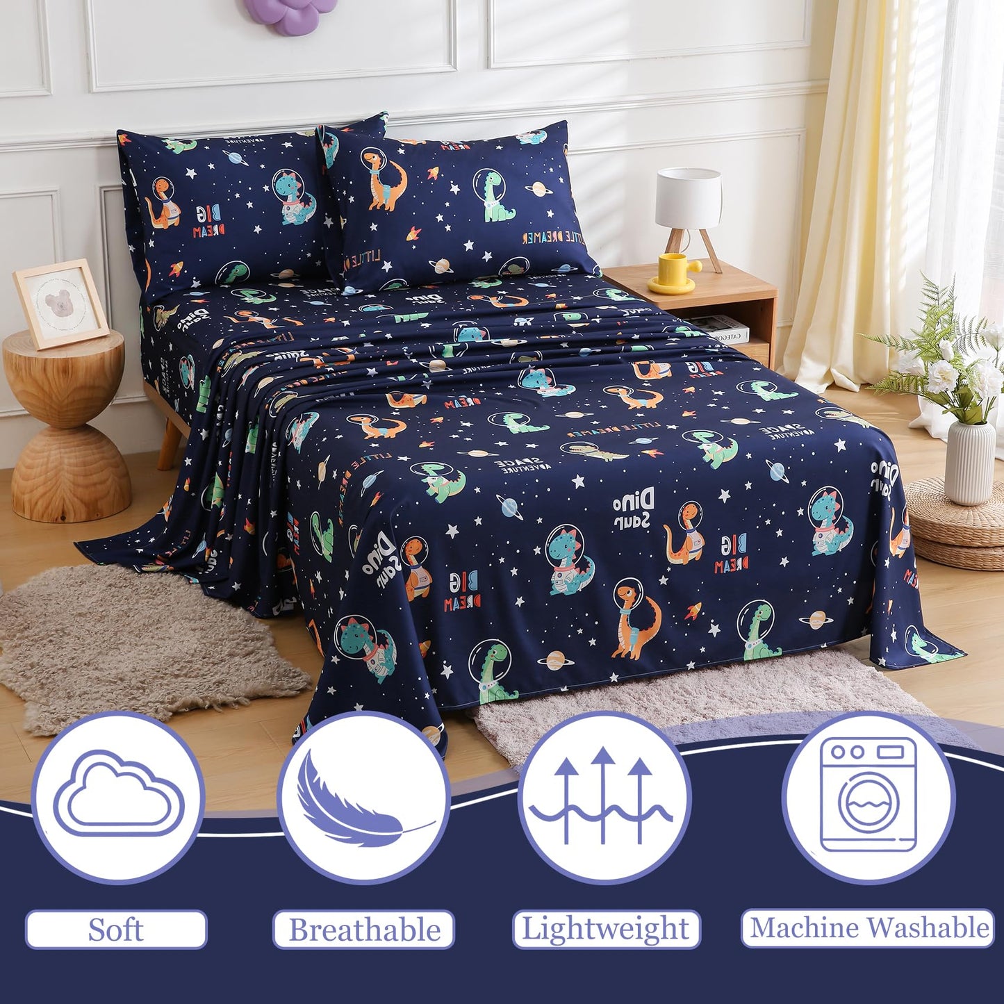CIMVI Kids Full Size Bed Sheets Dinosaur Space Sheet Sets for Boys 15-Inch Deep Pocket Fitted Sheet Soft Breathable Microfiber Bedsheet with Pillowcase Children Room Decor