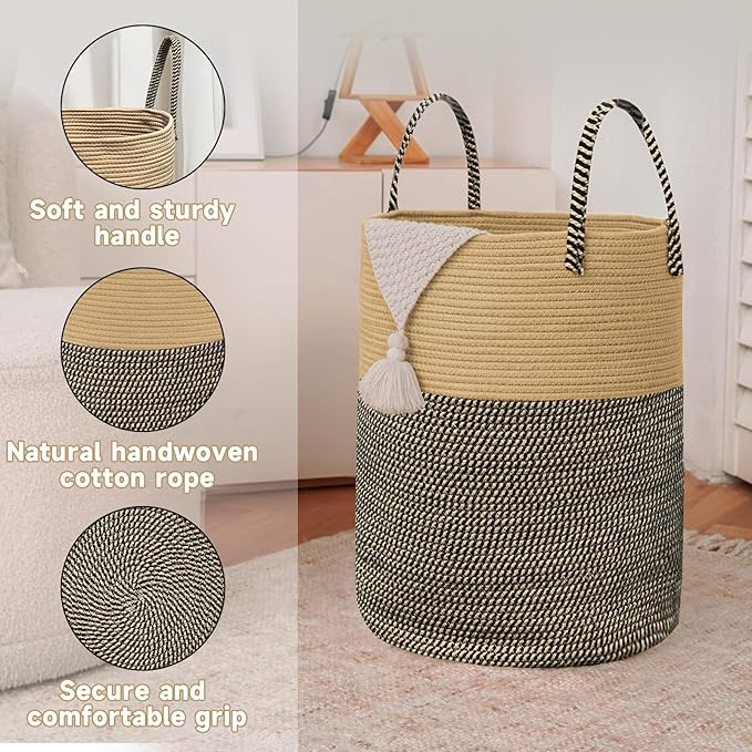 Large Woven Laundry Basket Hamper, 60L Cotton Rope Storage Bin