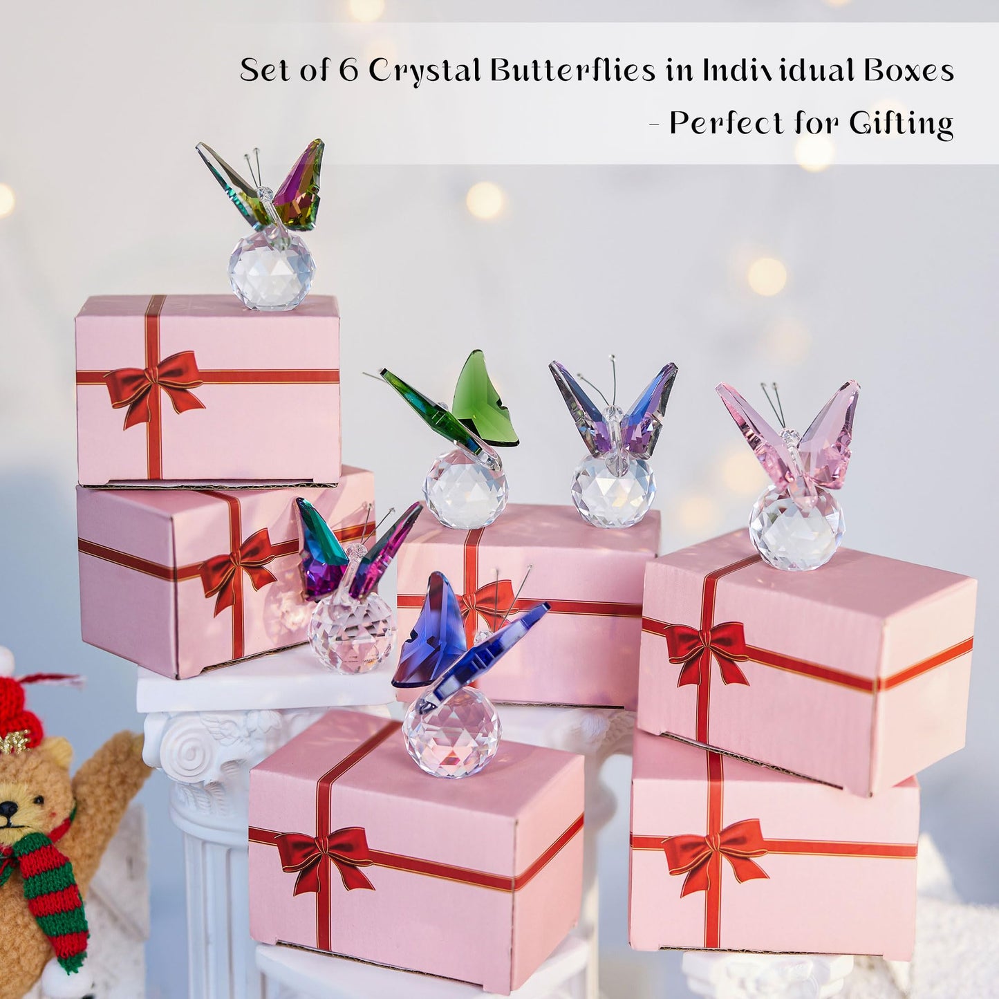 QFkris 6-Piece Crystal Butterfly Figurine Set, 2.2" Handcrafted Glass Animal Sculpture Home Decor, Office Room Tabletop Display Paperweight, for Mom Butterfly Lover Women Girl Birthday