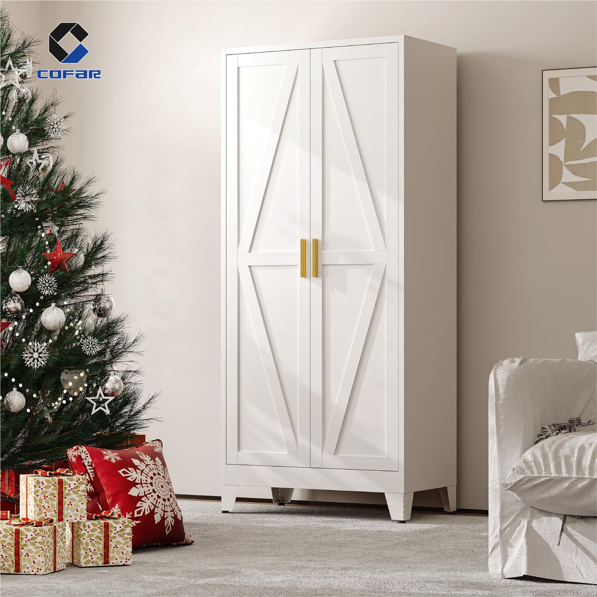 COFaR Metal Wardrobe Closet with Doors, 71'' Tall Steel Bedroom Armoire with Adjustable Hanging Rod and Shelves, Broom Closet Storage Cabinet for Garage Laundry Office, Farmhouse White
